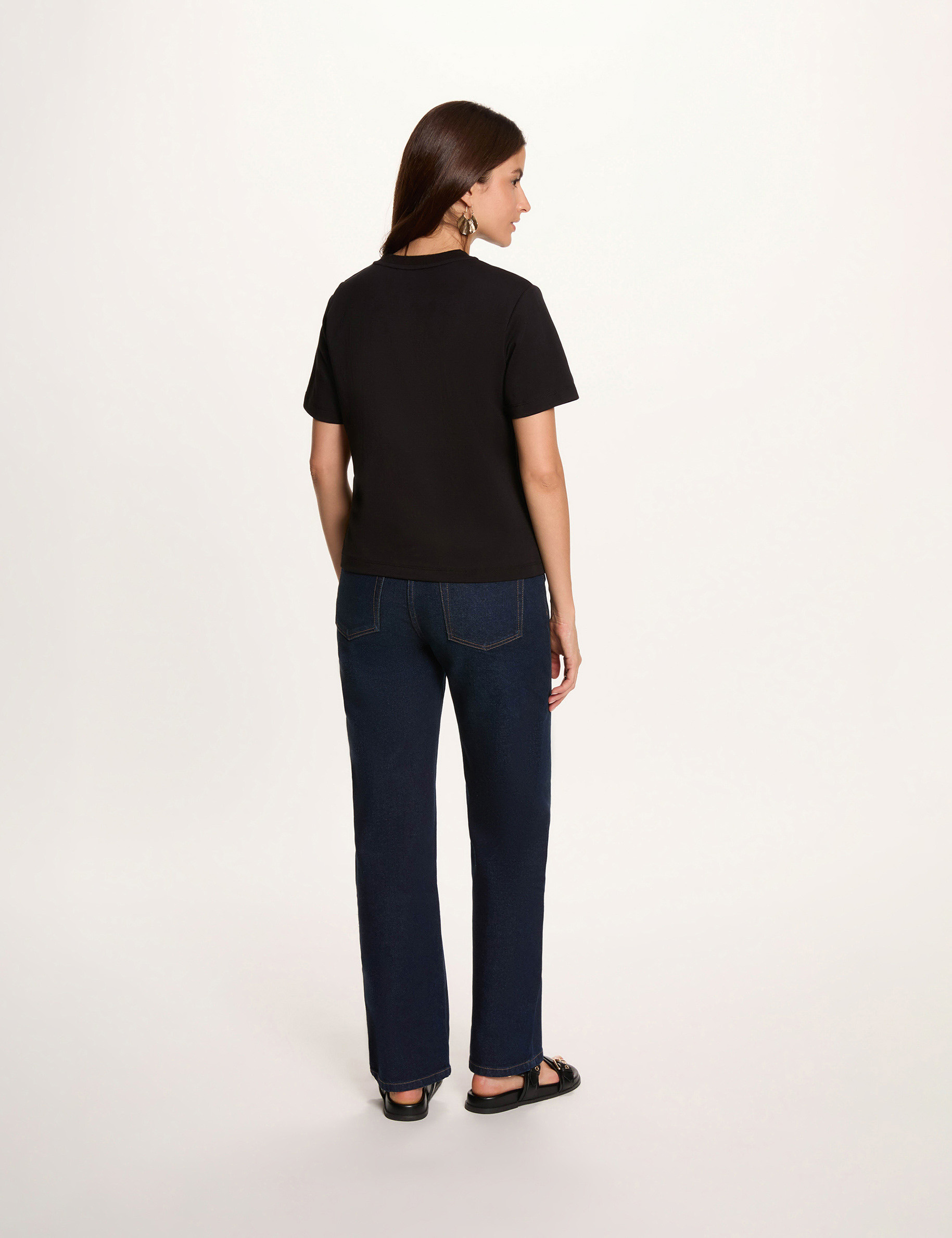 Camiseta cuello redondo con botones negro mujer