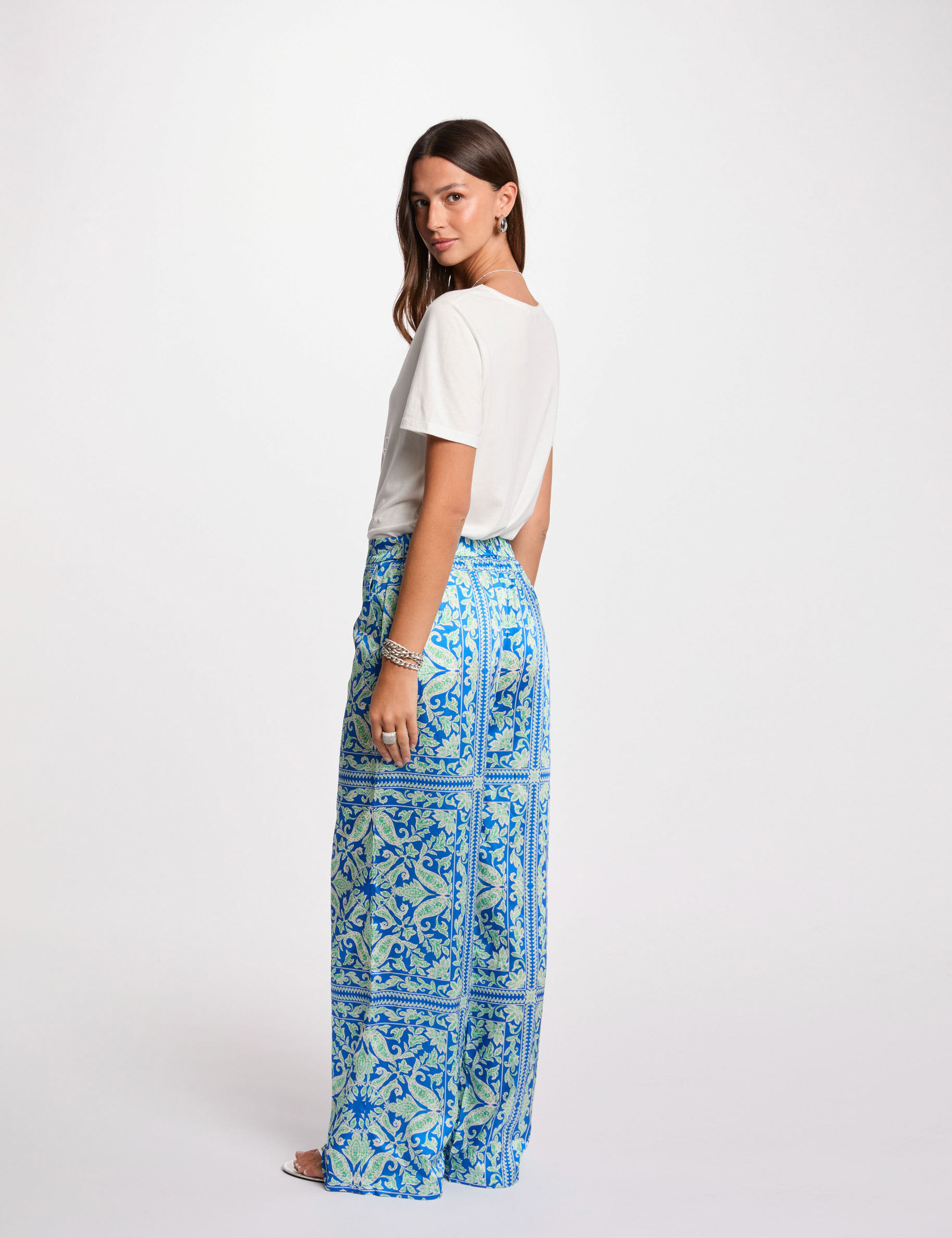 Pantalón ancho estampado multicolor mujer