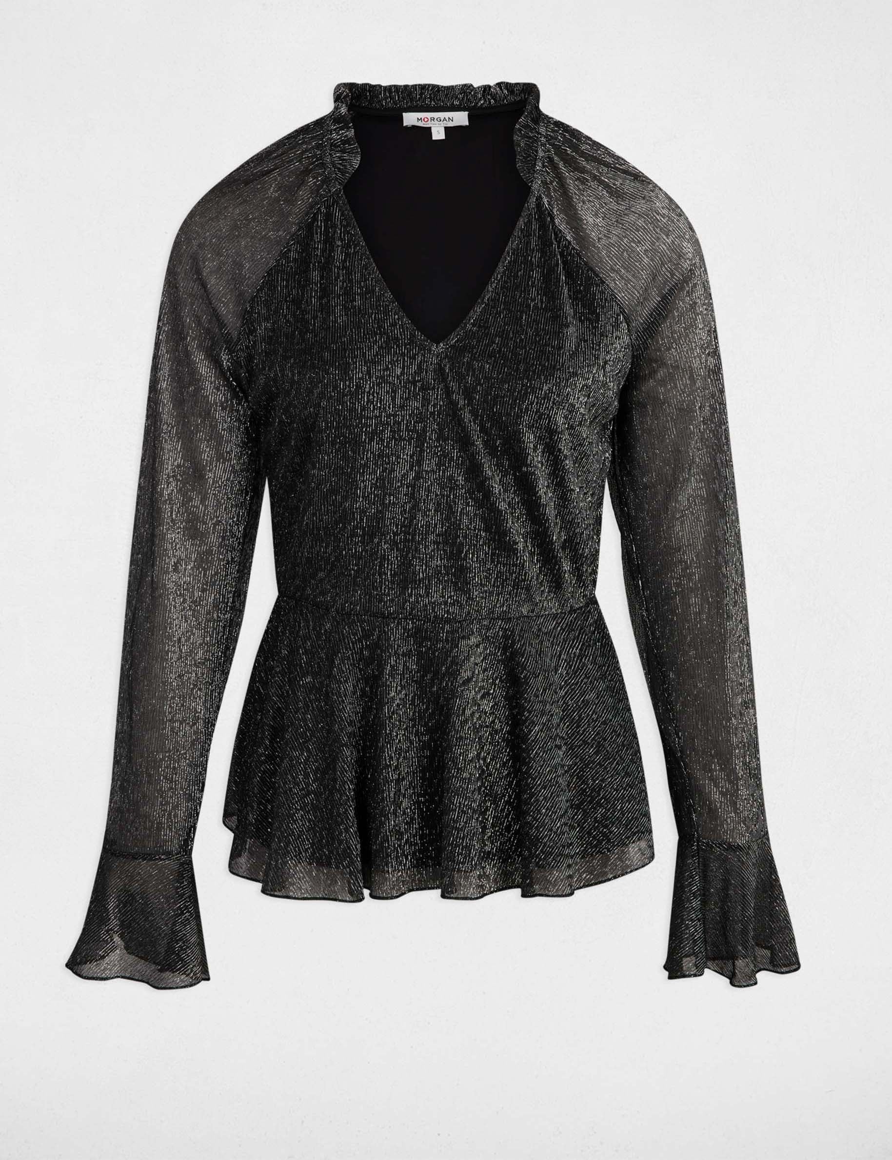 Camiseta de manga larga con cuello en V negro mujer