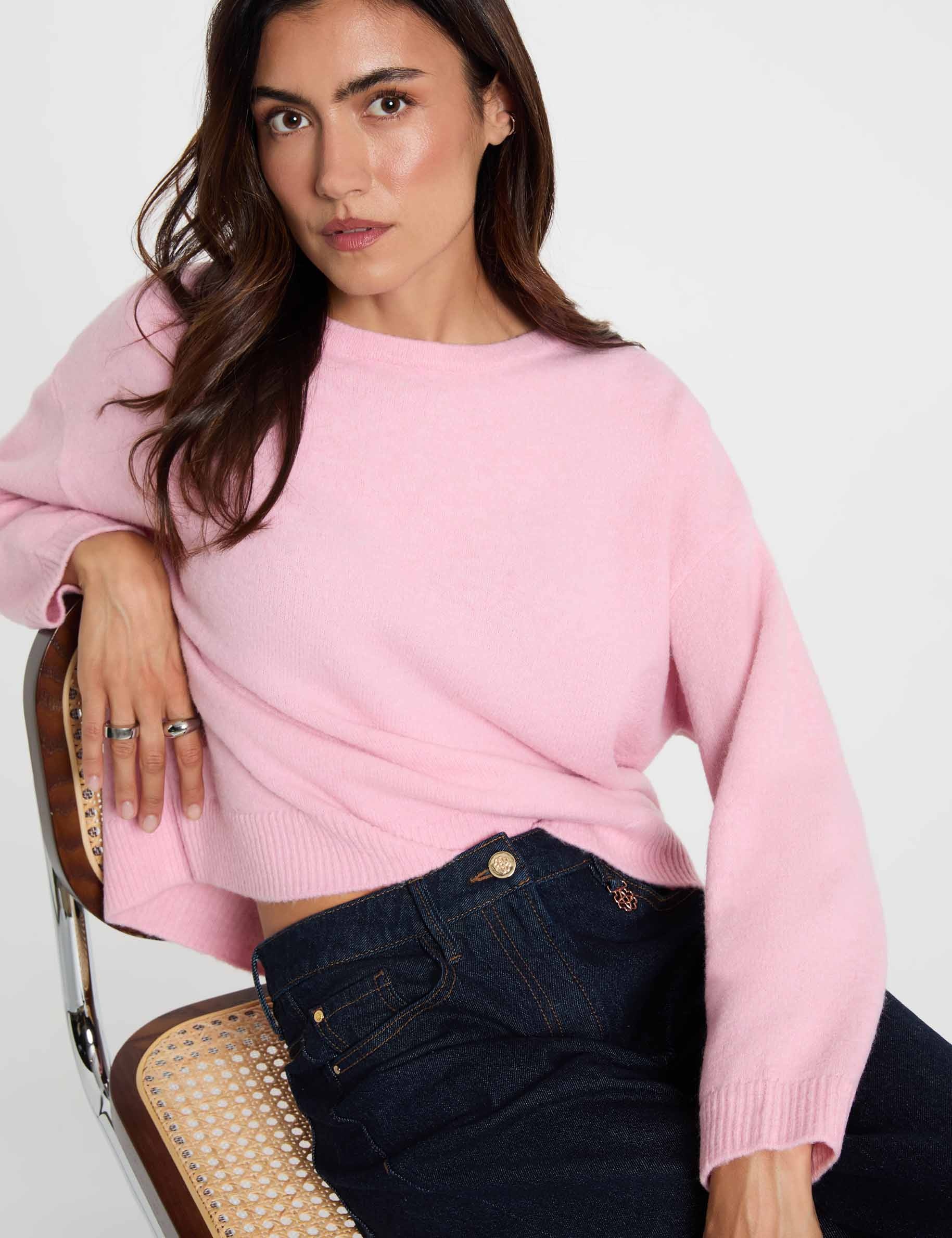 Jersey cuello redondo rosa pastel mujer