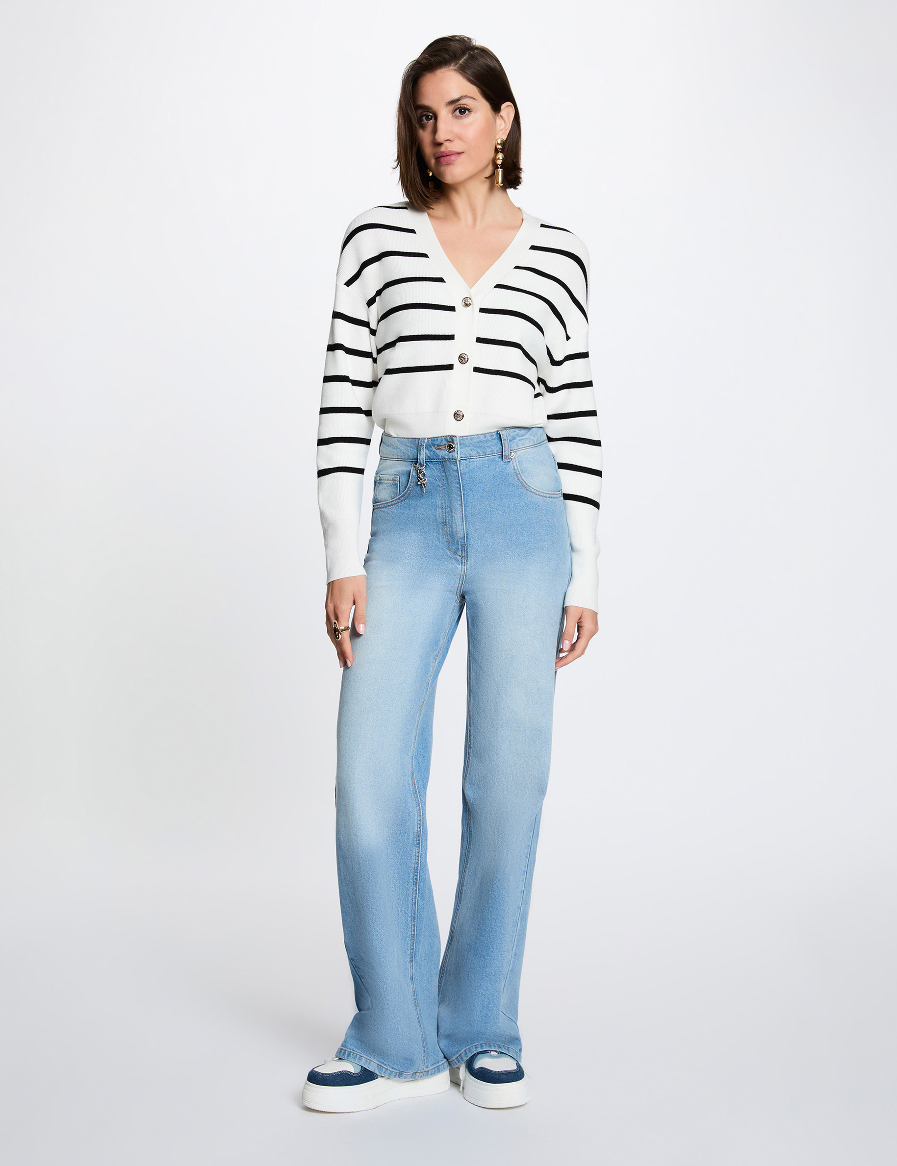 Jersey de rayas con cuello en V blanco mujer