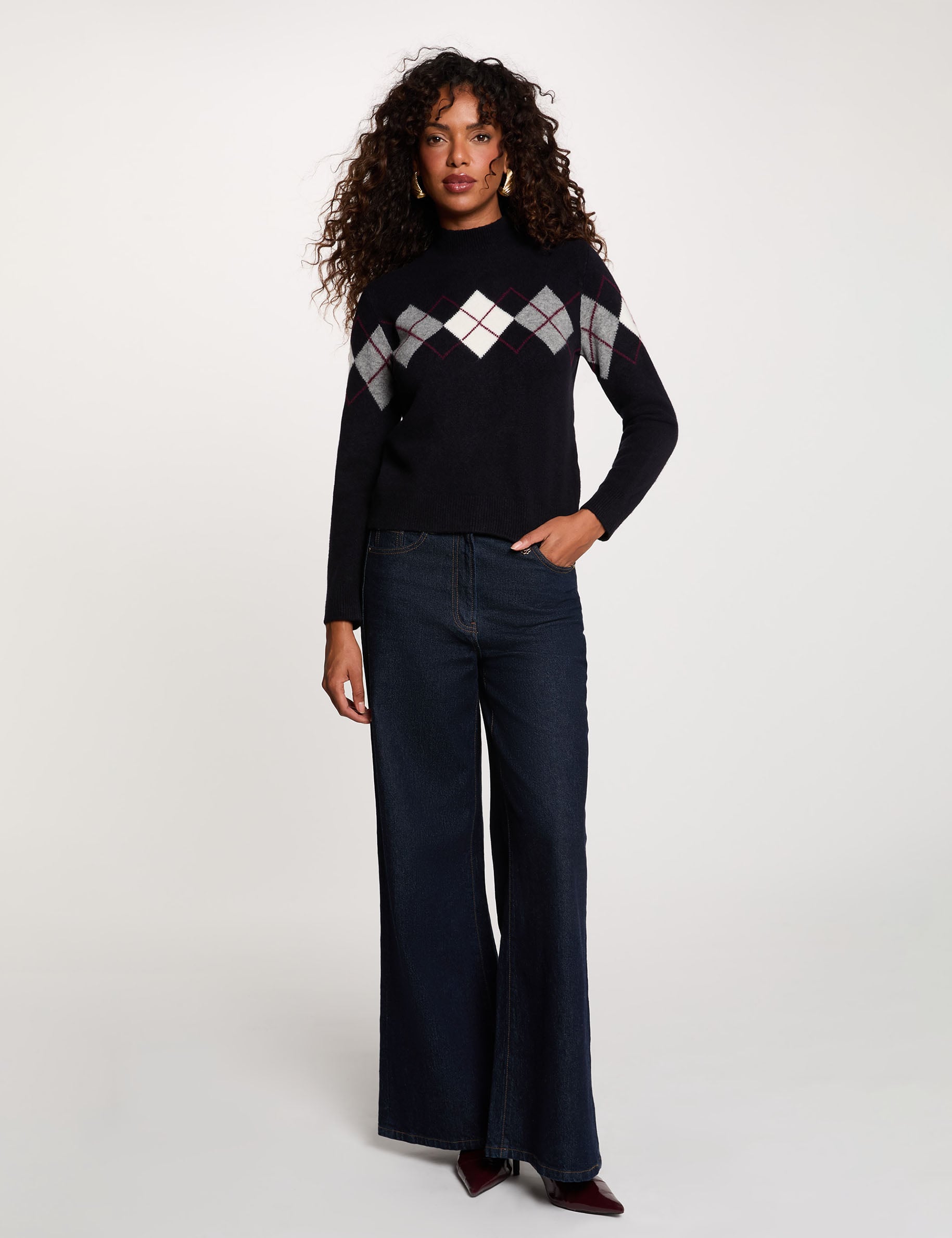 Jersey jacquard cuello alto azul marino mujer