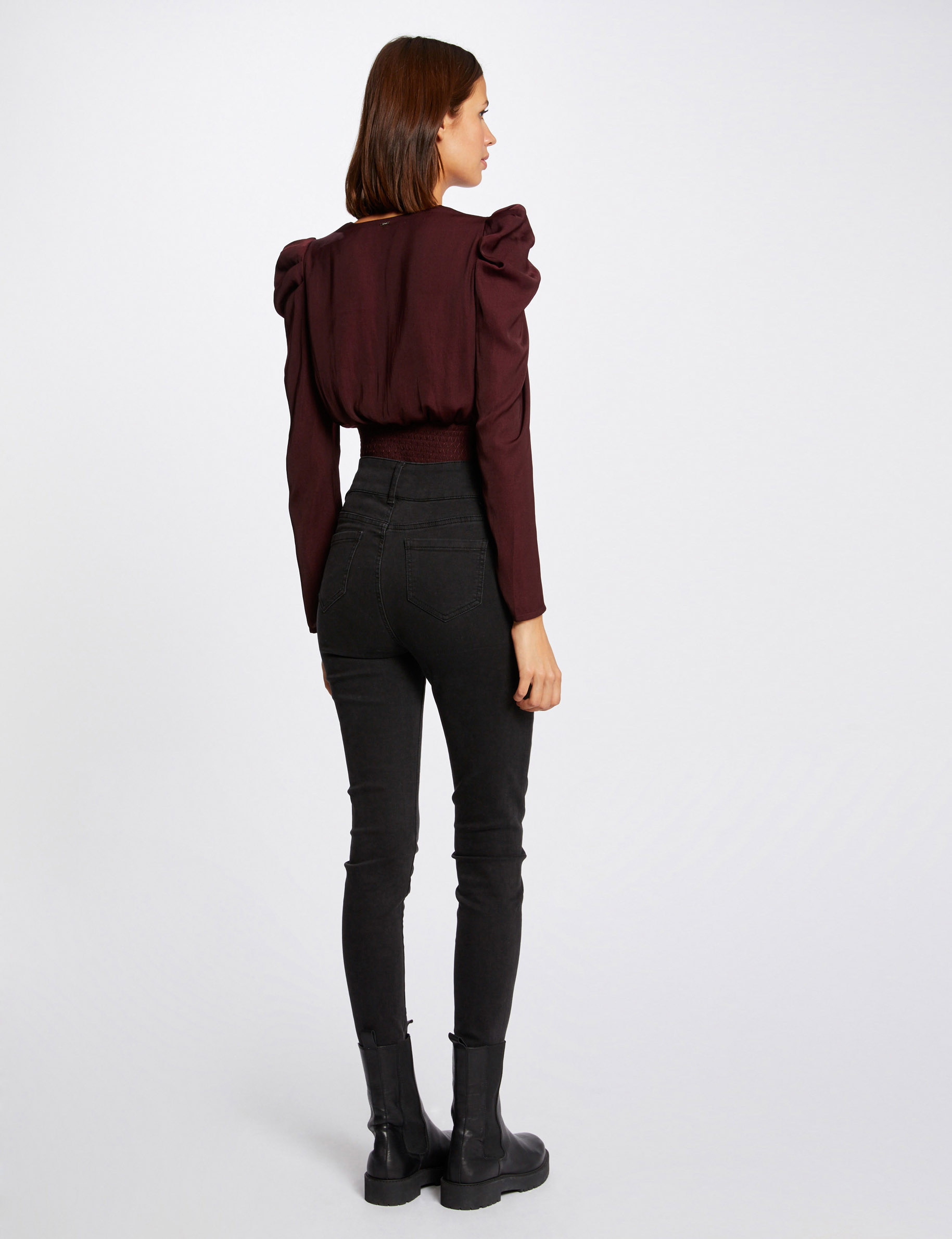 Blusa manga larga con escote cruzado ciruela mujer Blusa manga larga con escote cruzado ciruela mujer