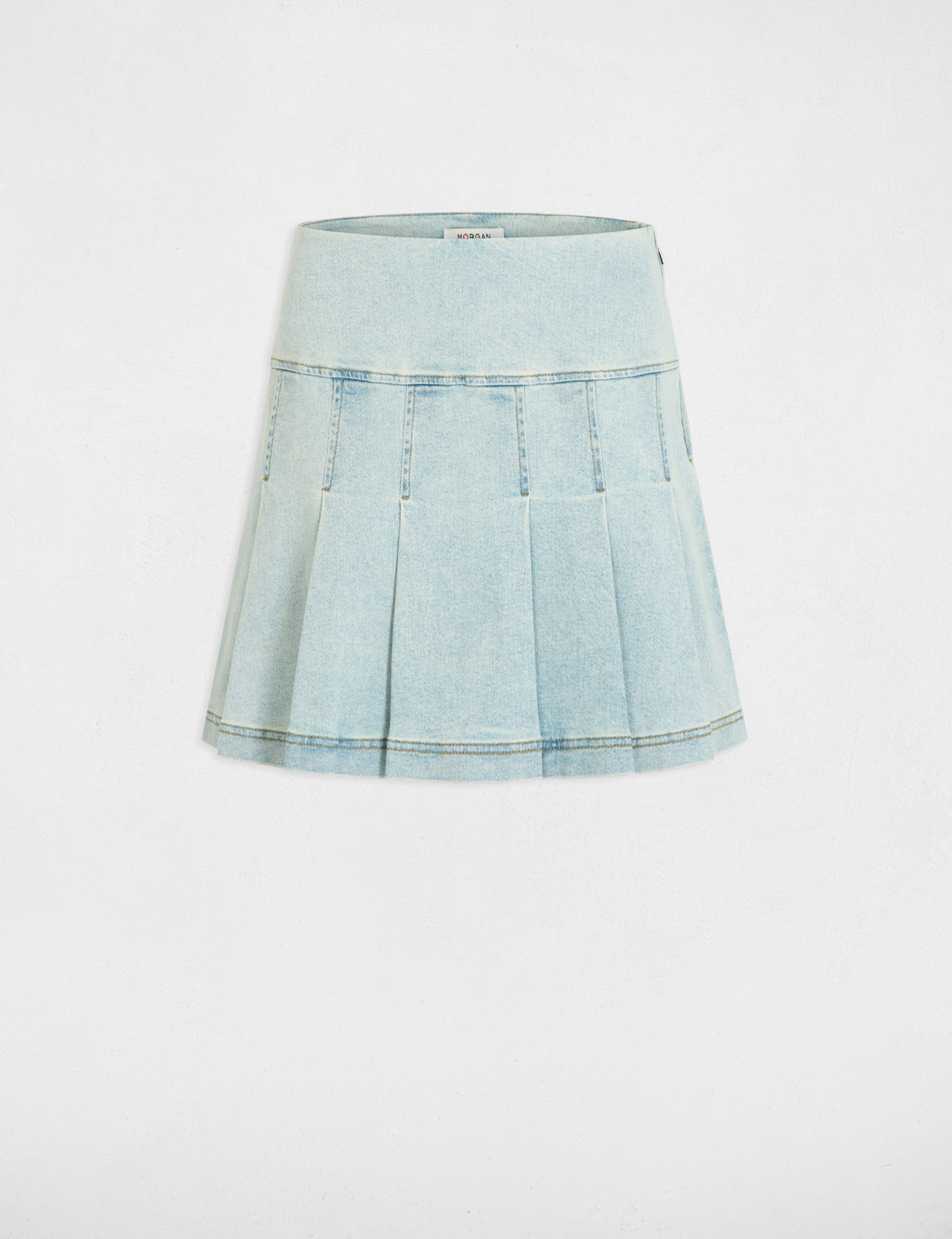 Falda corta plisada denim descolorido mujer