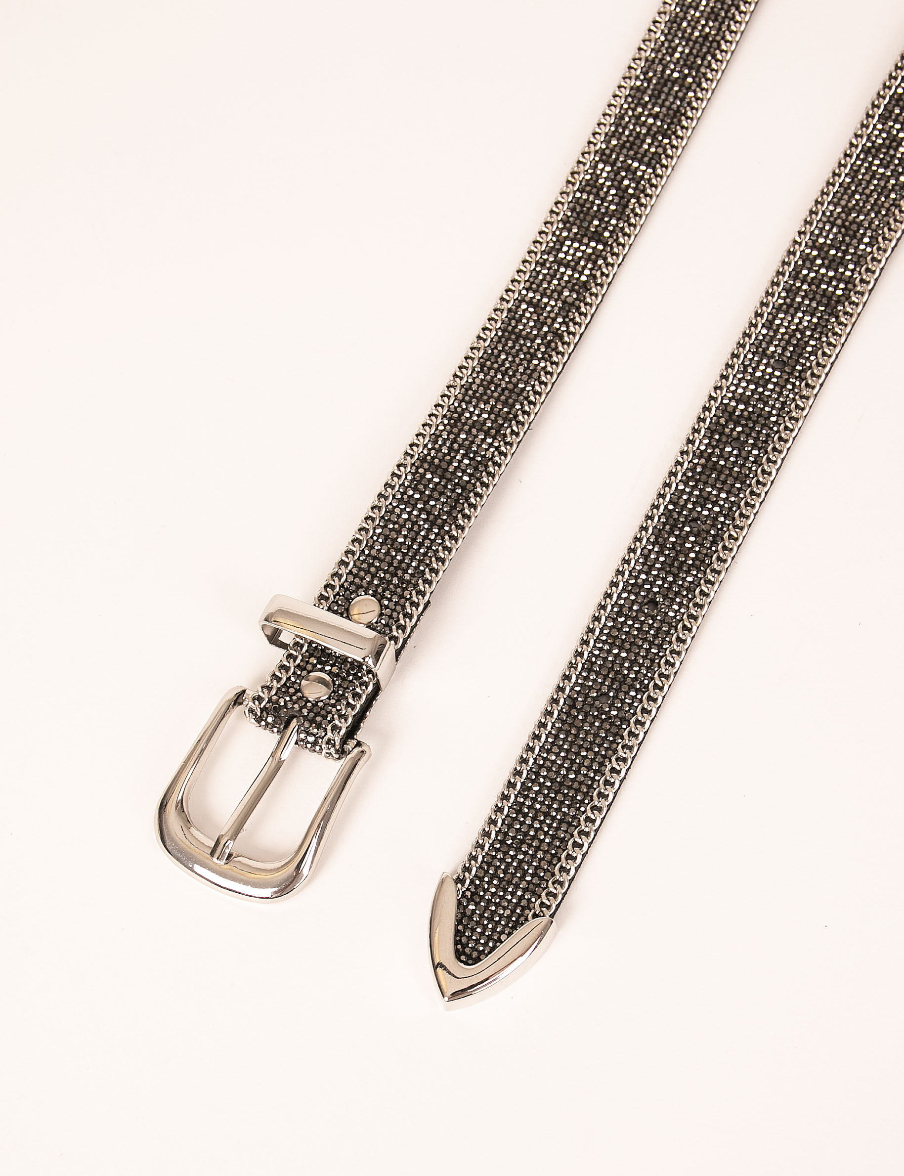 cinturon con strass y cadenas gris claro mujer Cinturón con strass y cadenas gris claro mujer