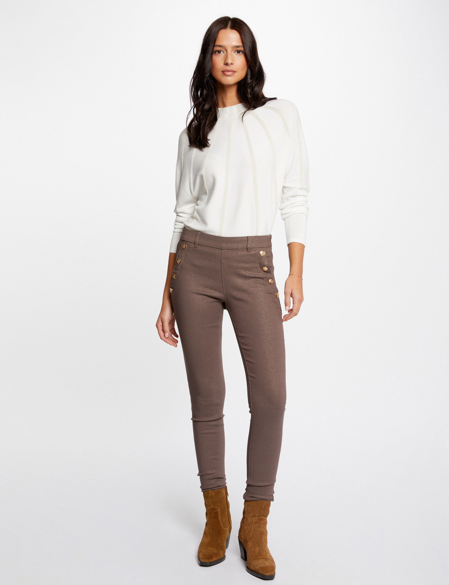 Pantal¿n skinny mojado con botones topo mujer
