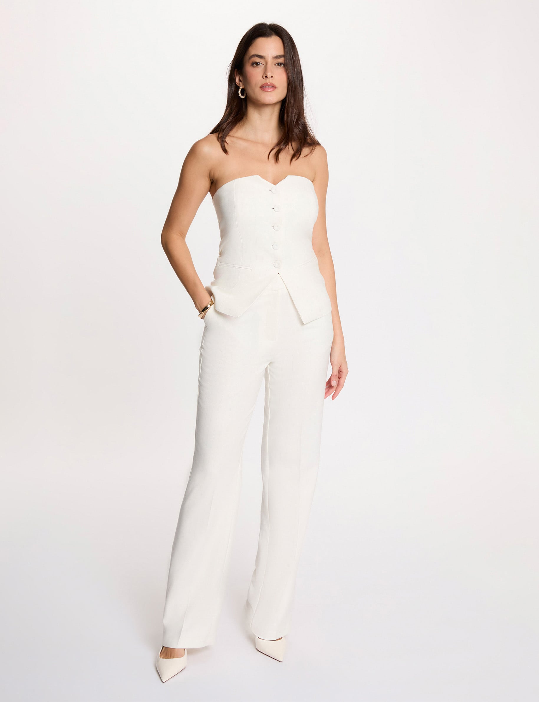 Pantal&oacute;n ancho de rayas finas blanco mujer