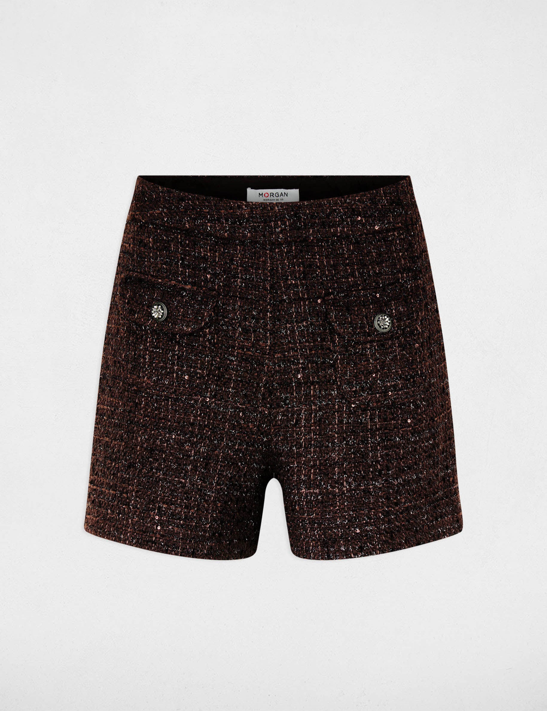Pantal&oacute;n corto de tweed de tiro alto marr&oacute;n oscuro mujer