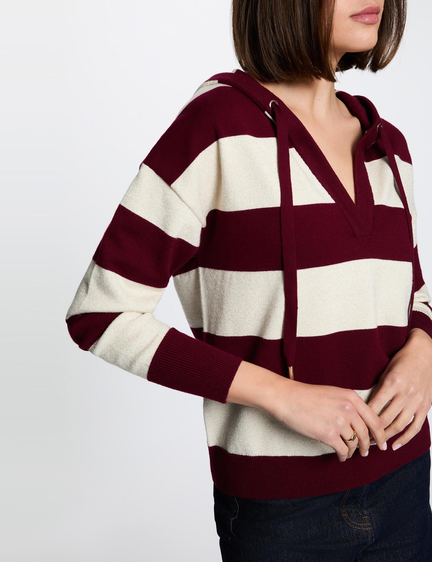 Jersey de rayas con capucha burdeos mujer