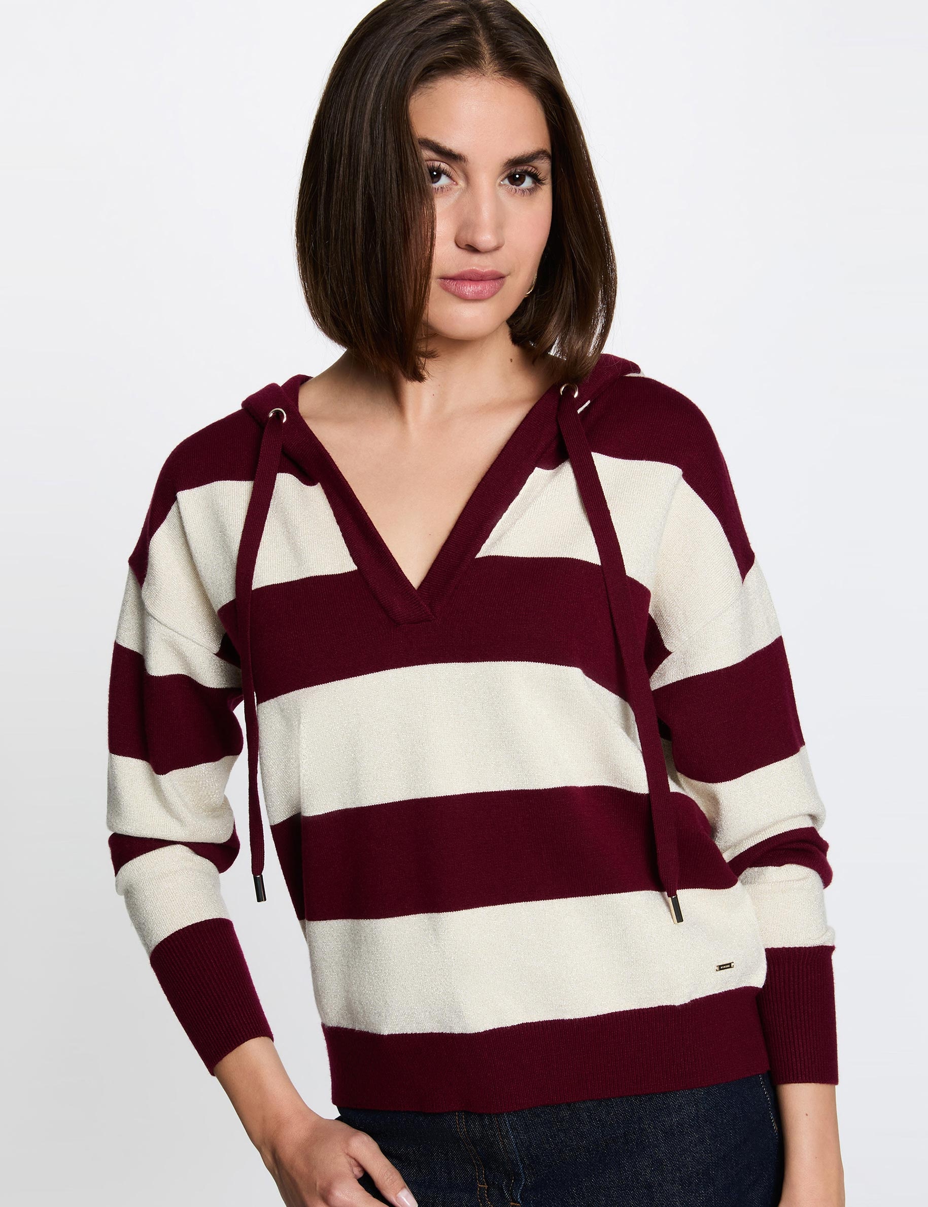 Jersey de rayas con capucha burdeos mujer