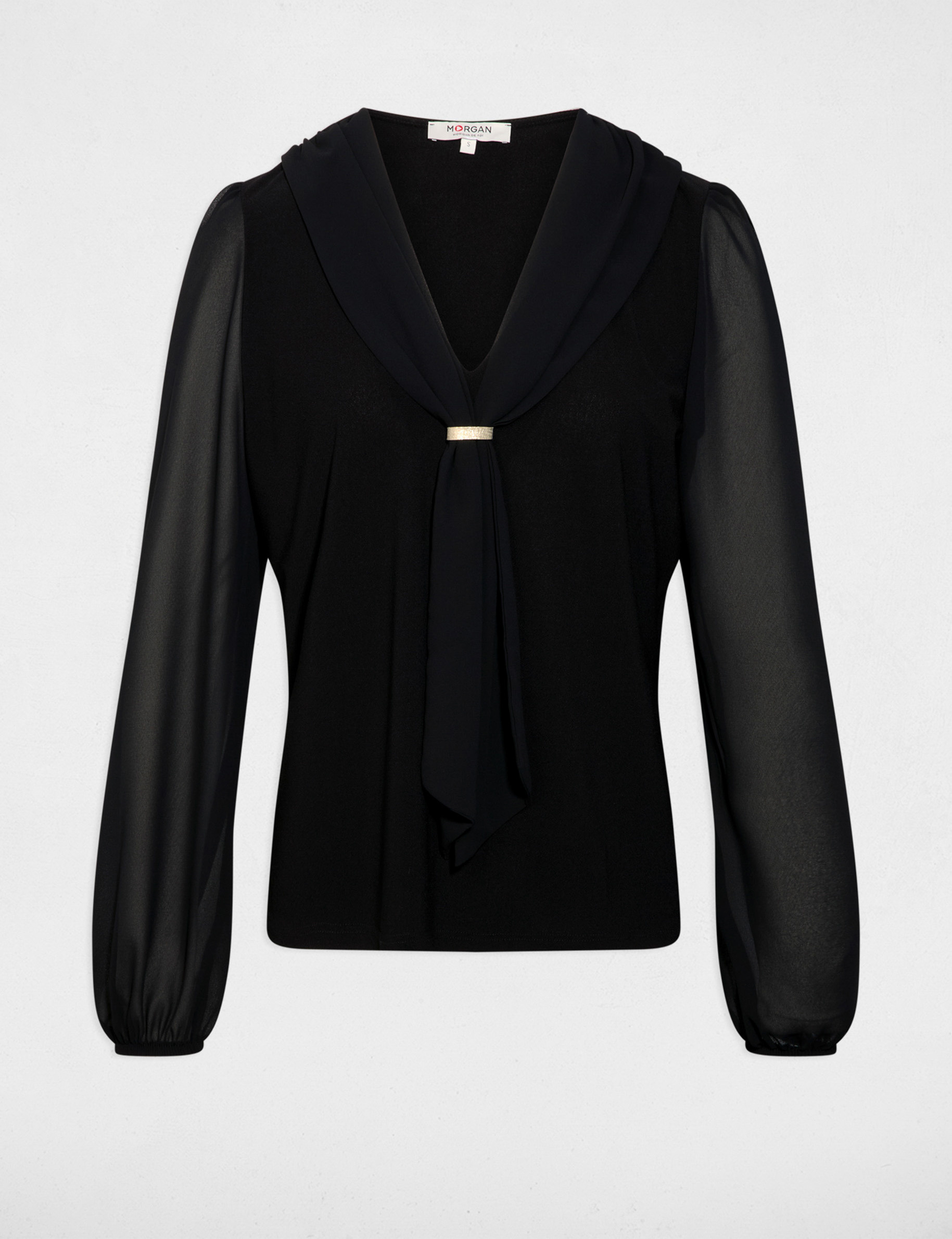 Camiseta de voile con cuello lazada negro mujer