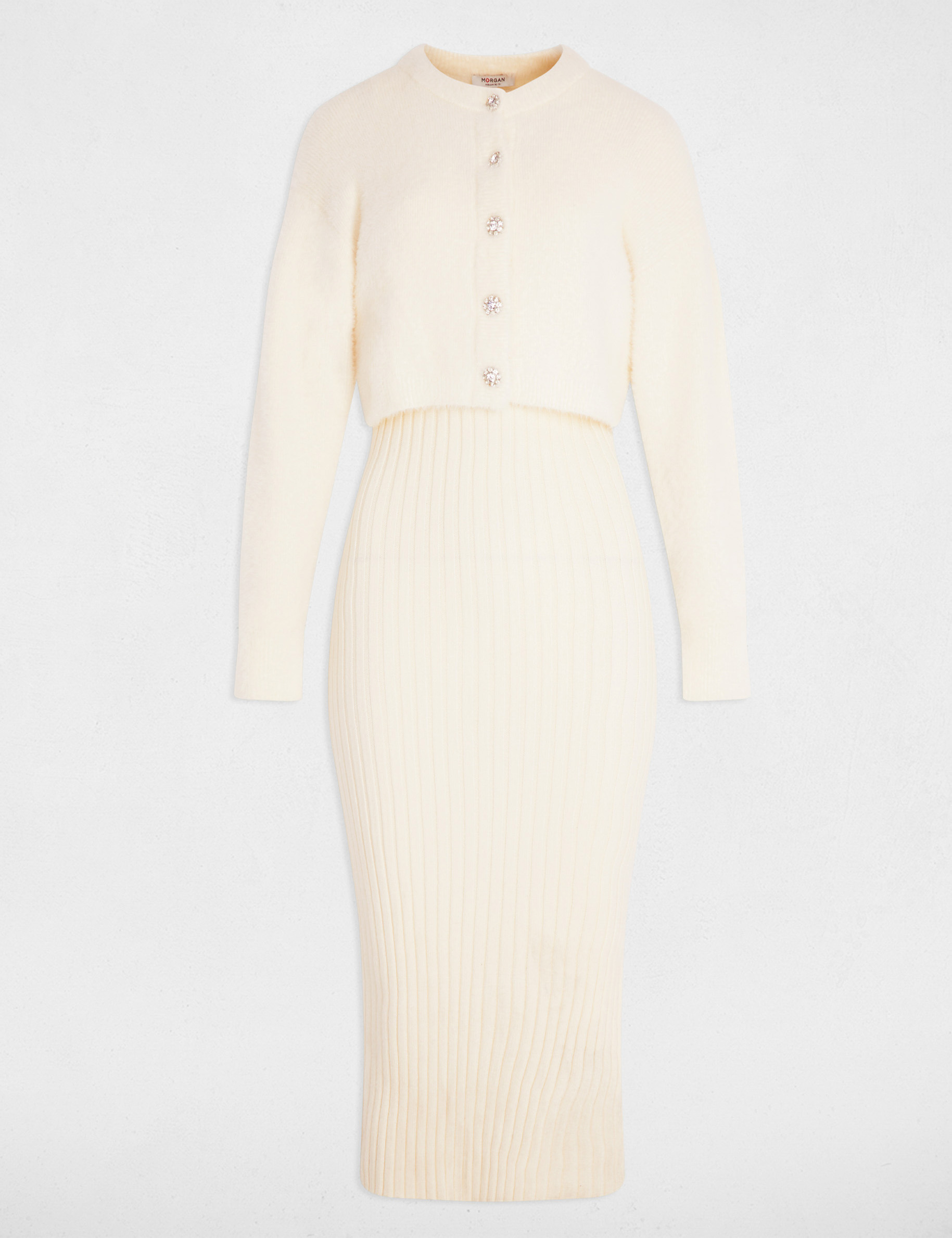 Vestido de punto entallado marfil mujer