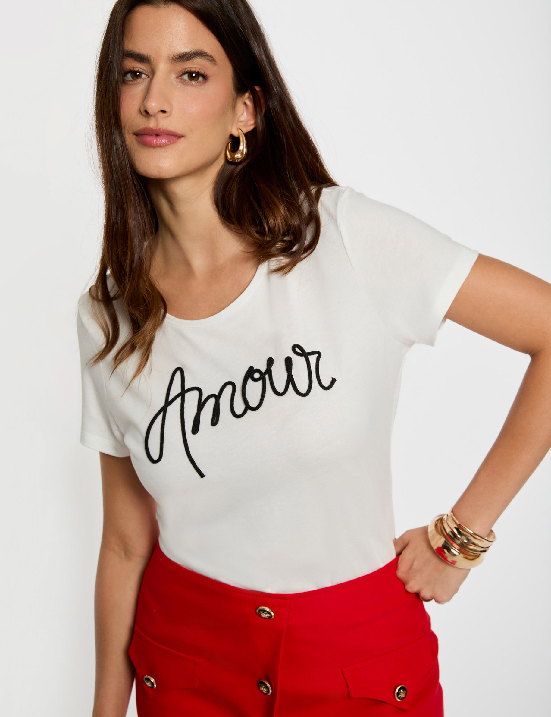 Camiseta recta con inscripci&oacute;n blanco mujer
