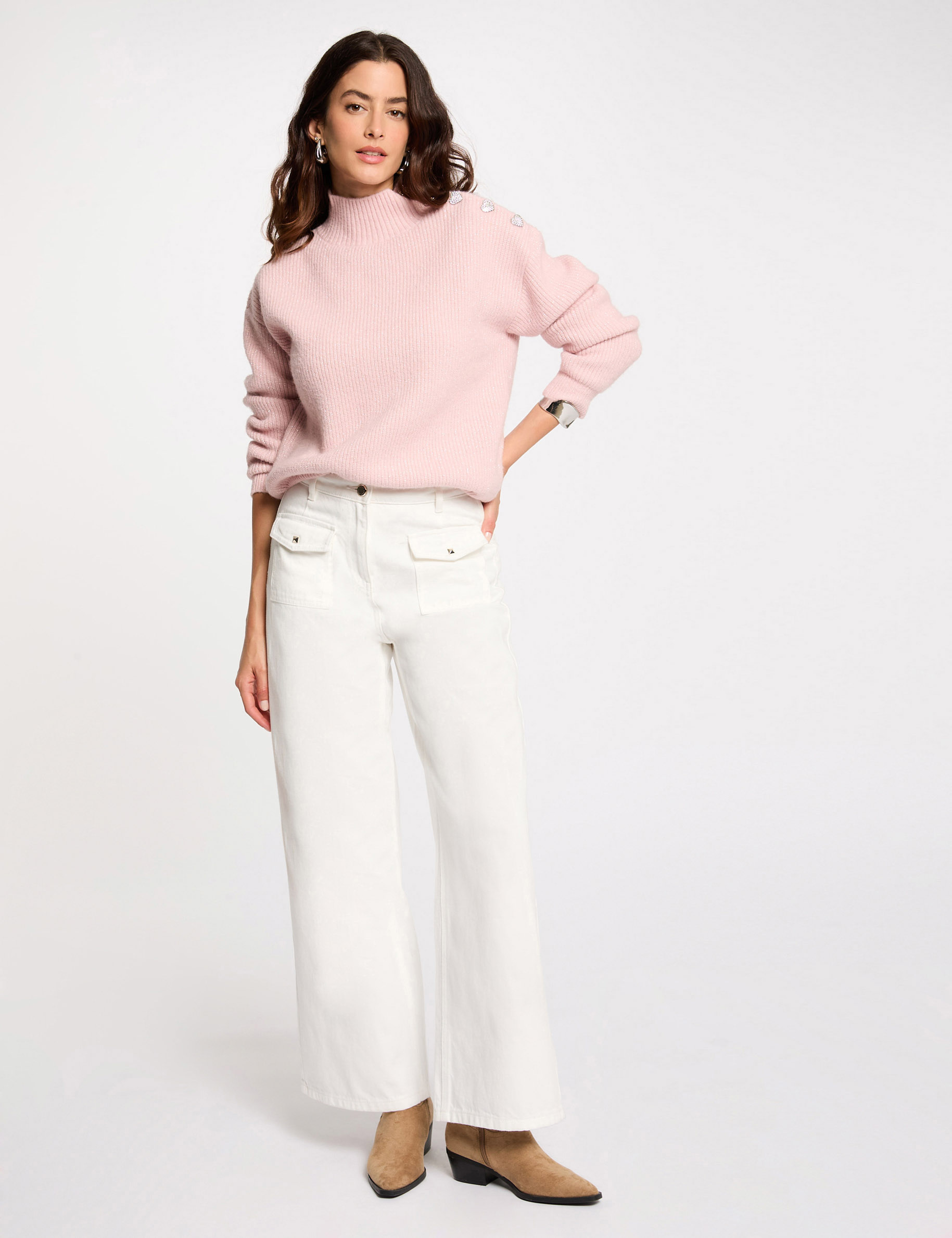 Jersey manga larga con botones rosa claro mujer