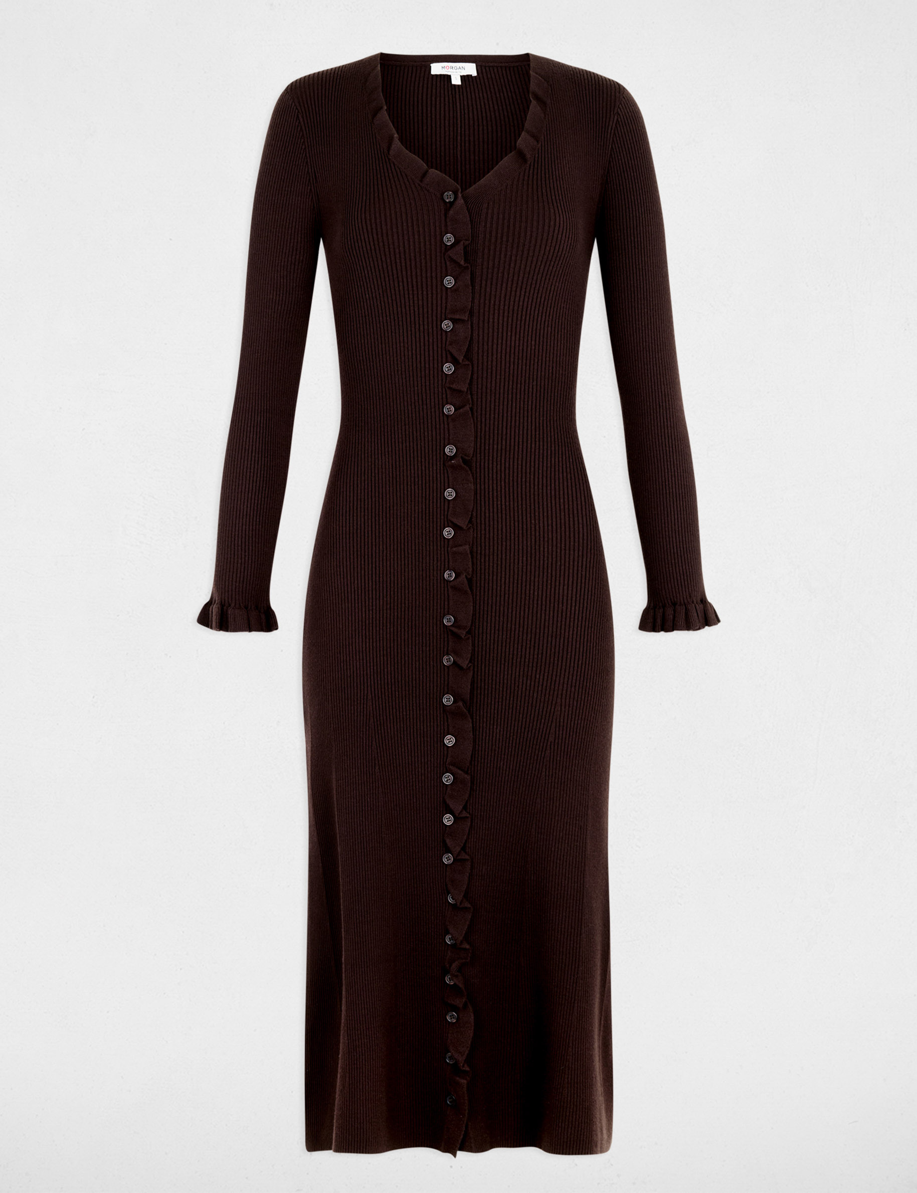 Vestido largo de punto con cuello v marr&oacute;n oscuro mujer