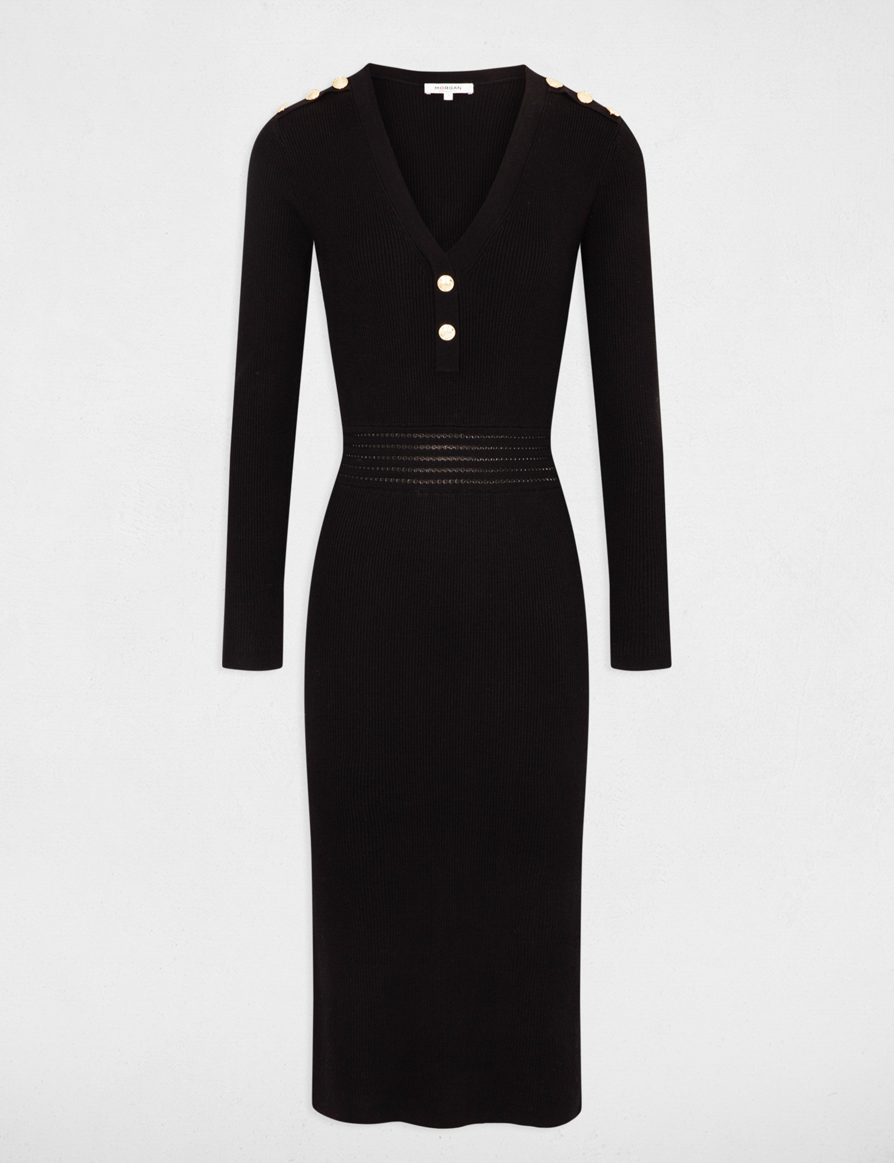 Vestido de punto midi ajustado negro mujer