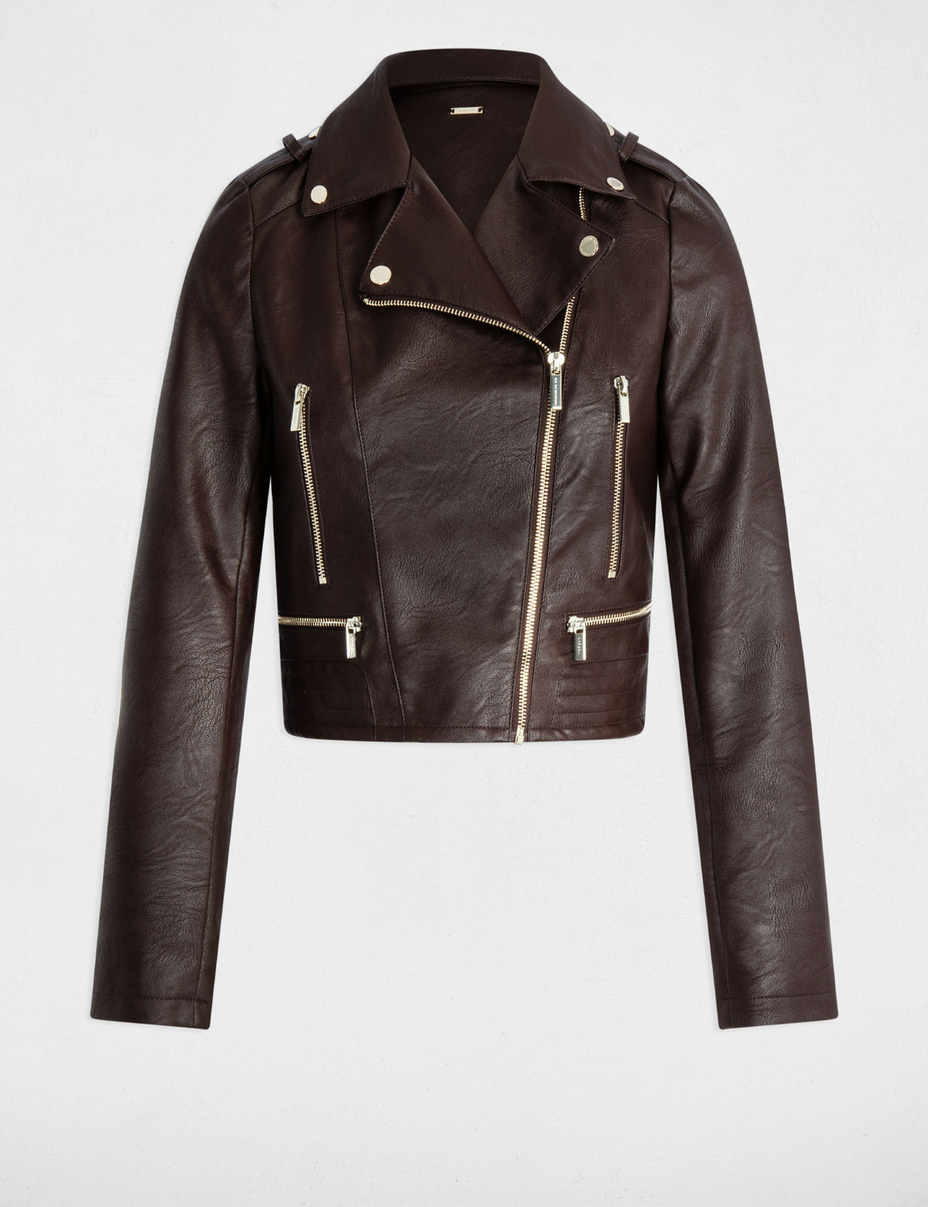 Chaqueta entallada de cuero sint&eacute;tico marr&oacute;n oscuro mujer