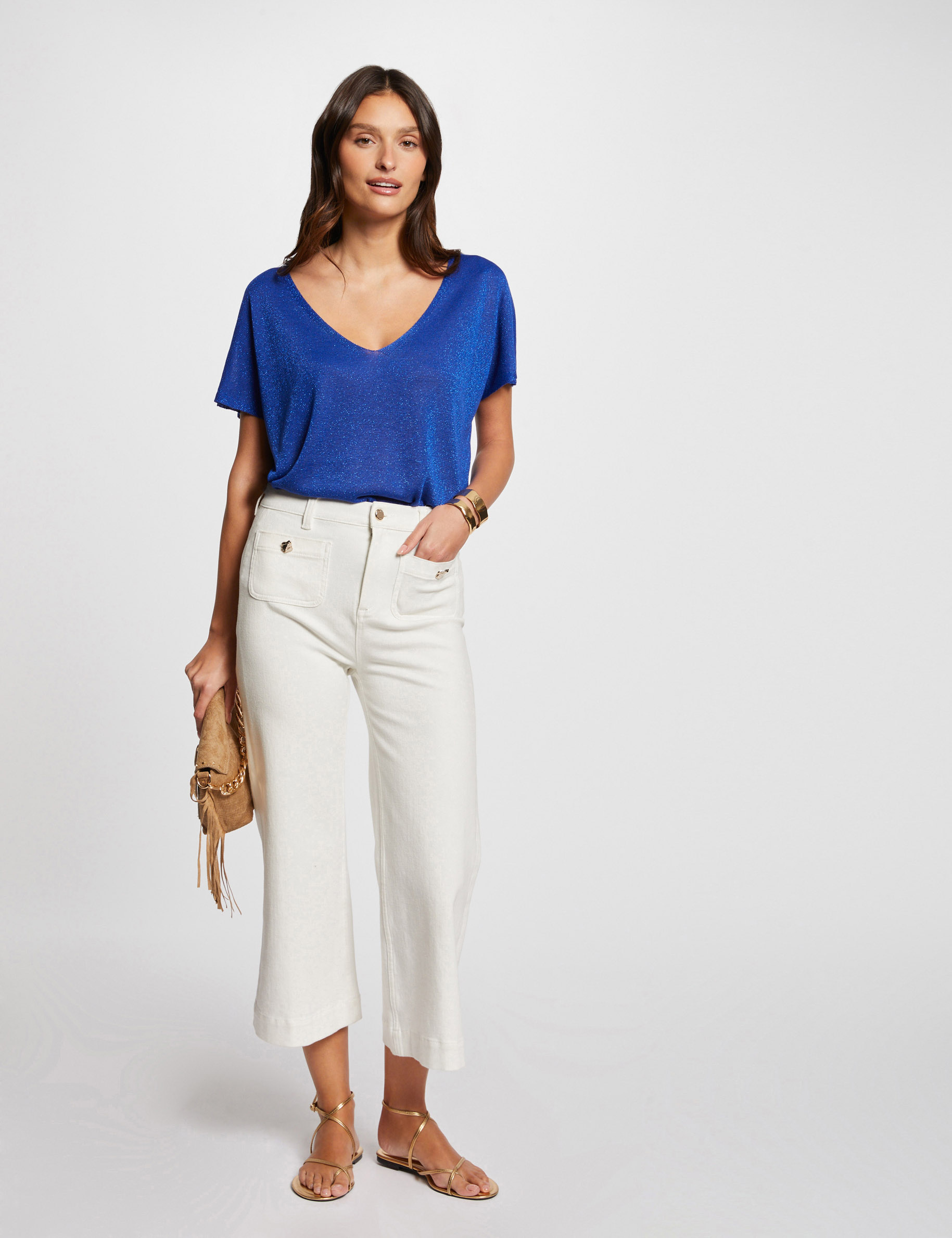 Jersey escote en V manga corta azul eléctrico mujer