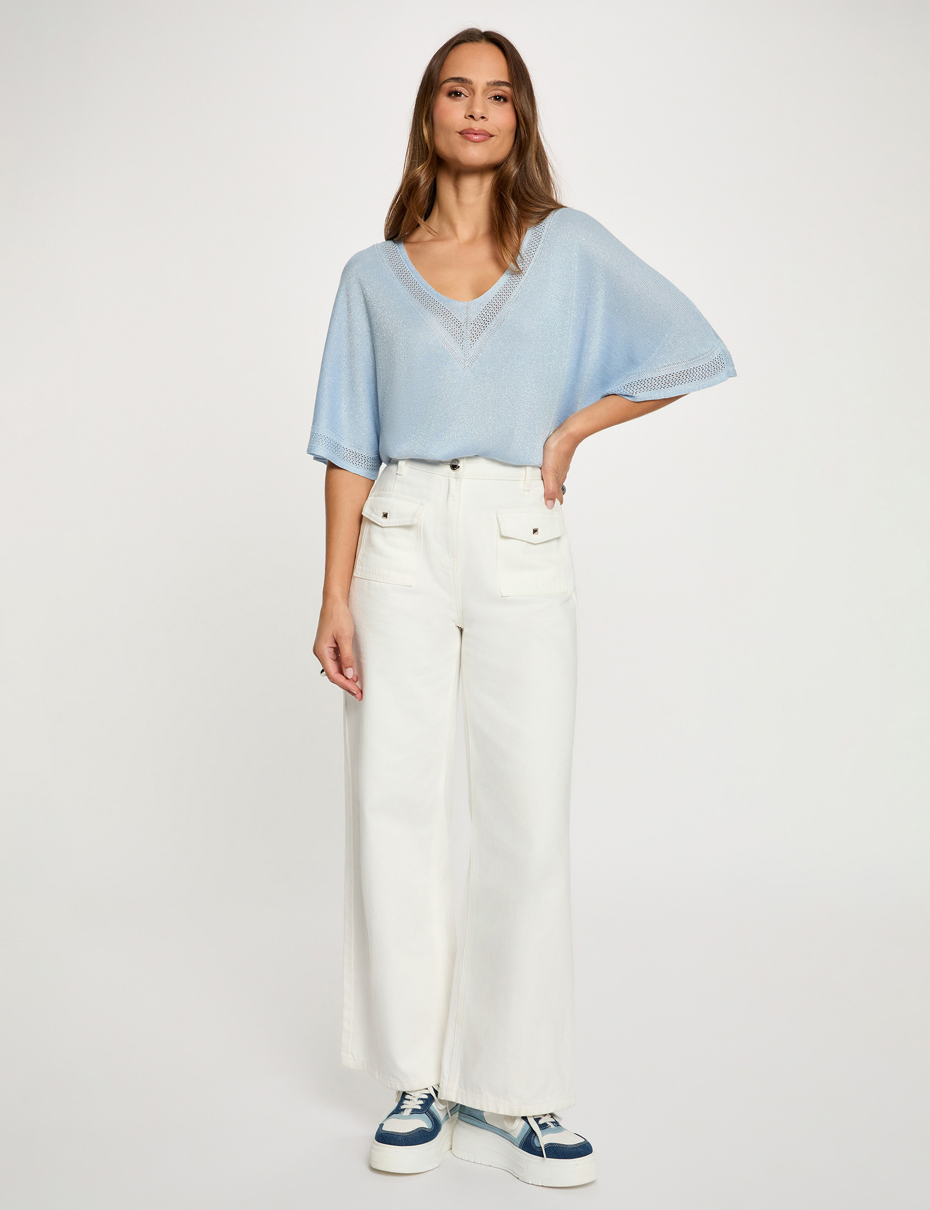 Jersey escote en V manga corta azul cielo mujer