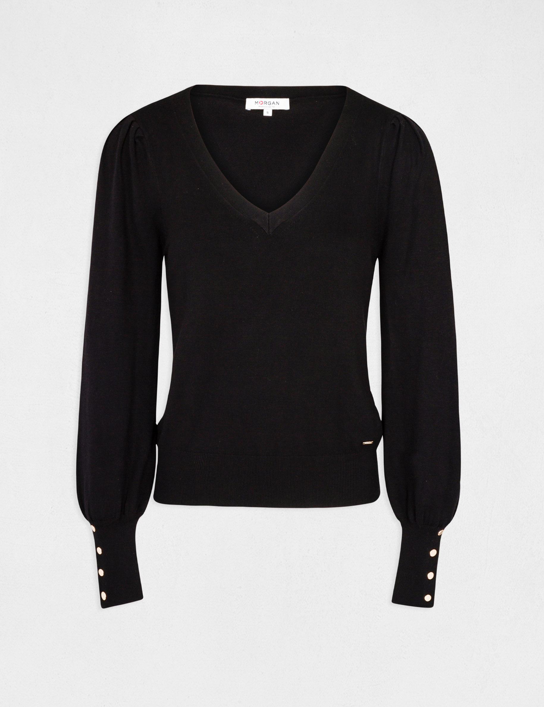 Jersey manga larga con escote en V negro mujer