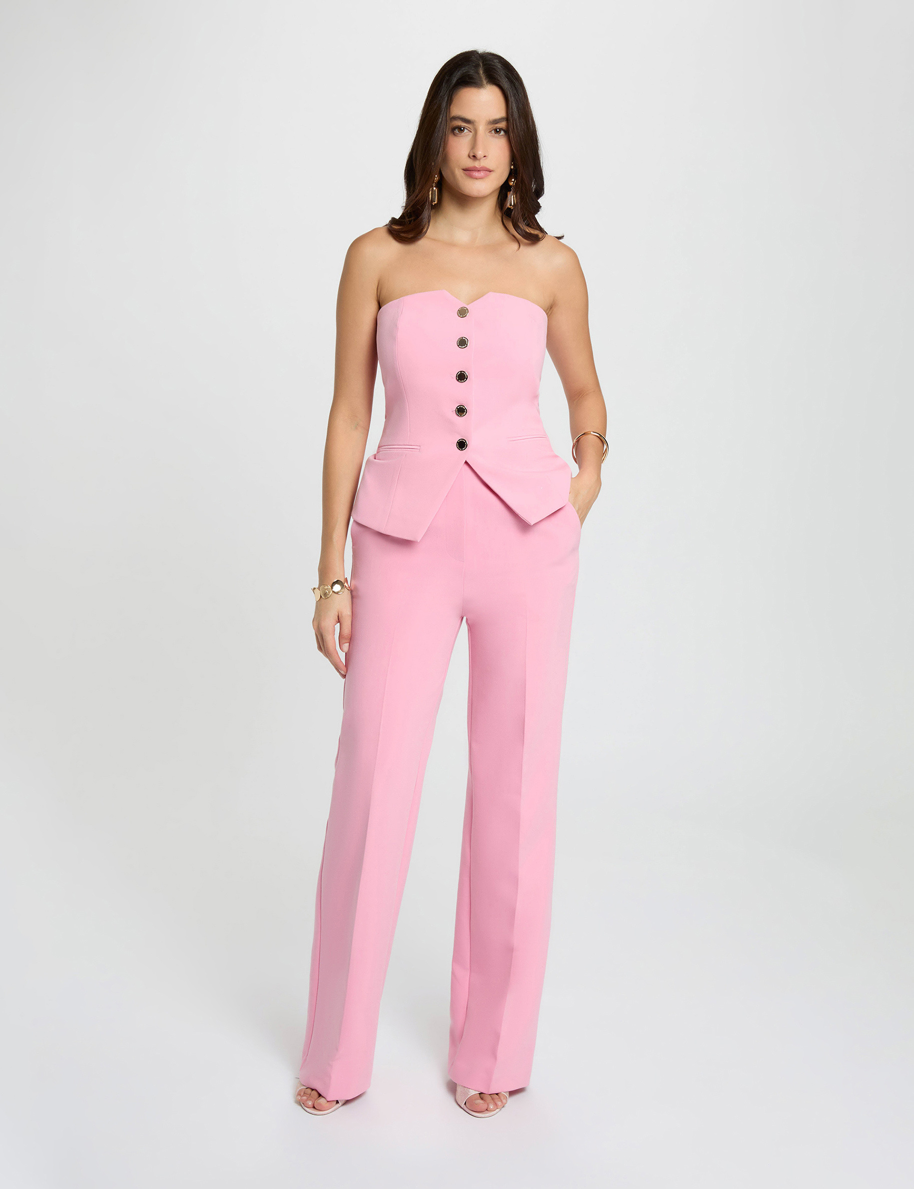 Pantal&oacute;n flare de tiro alto rosa claro mujer