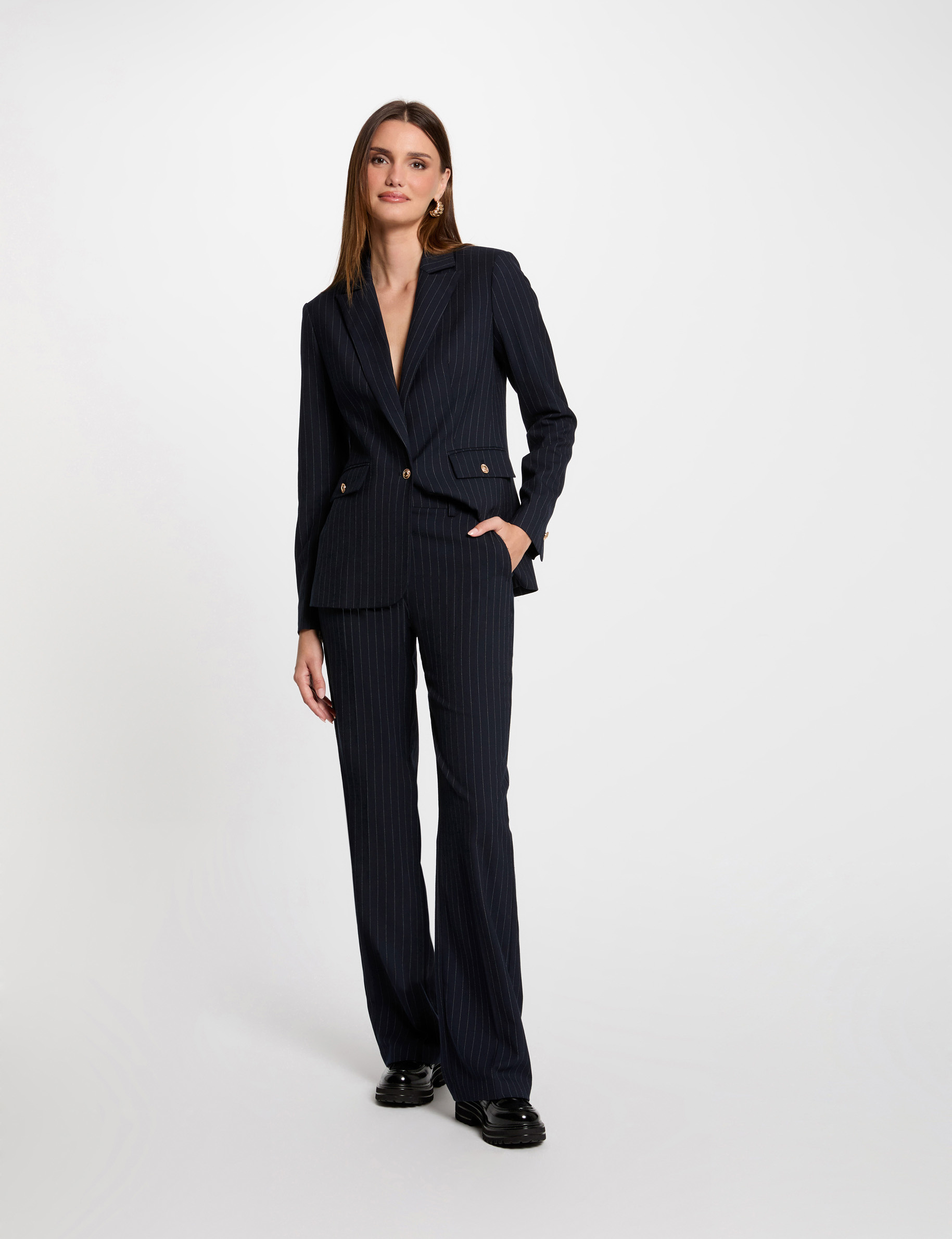 pantalon flare con rayas azul marino mujer Pantalón flare con rayas azul marino mujer