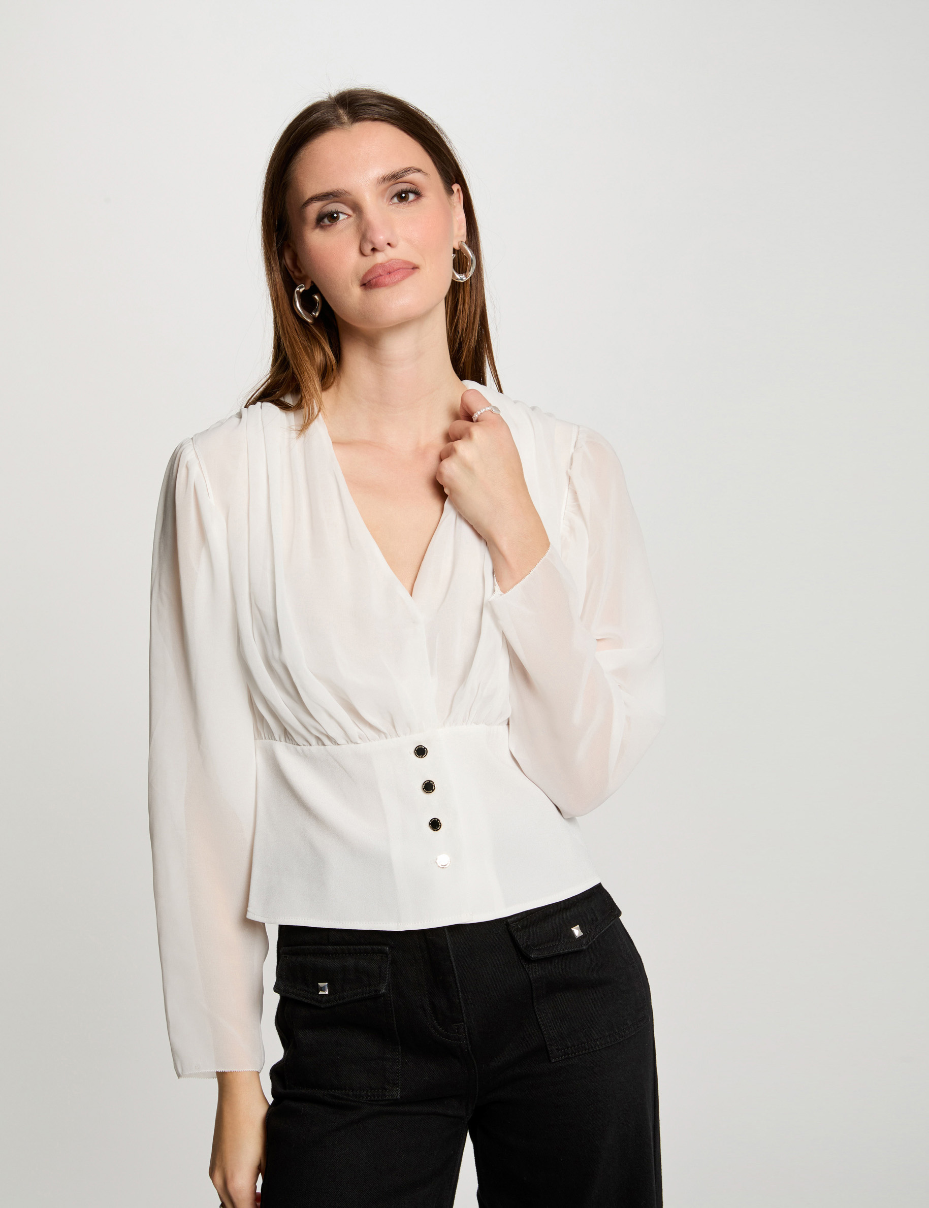 blusa manga larga drapeada blanco mujer Blusa manga larga drapeada blanco mujer