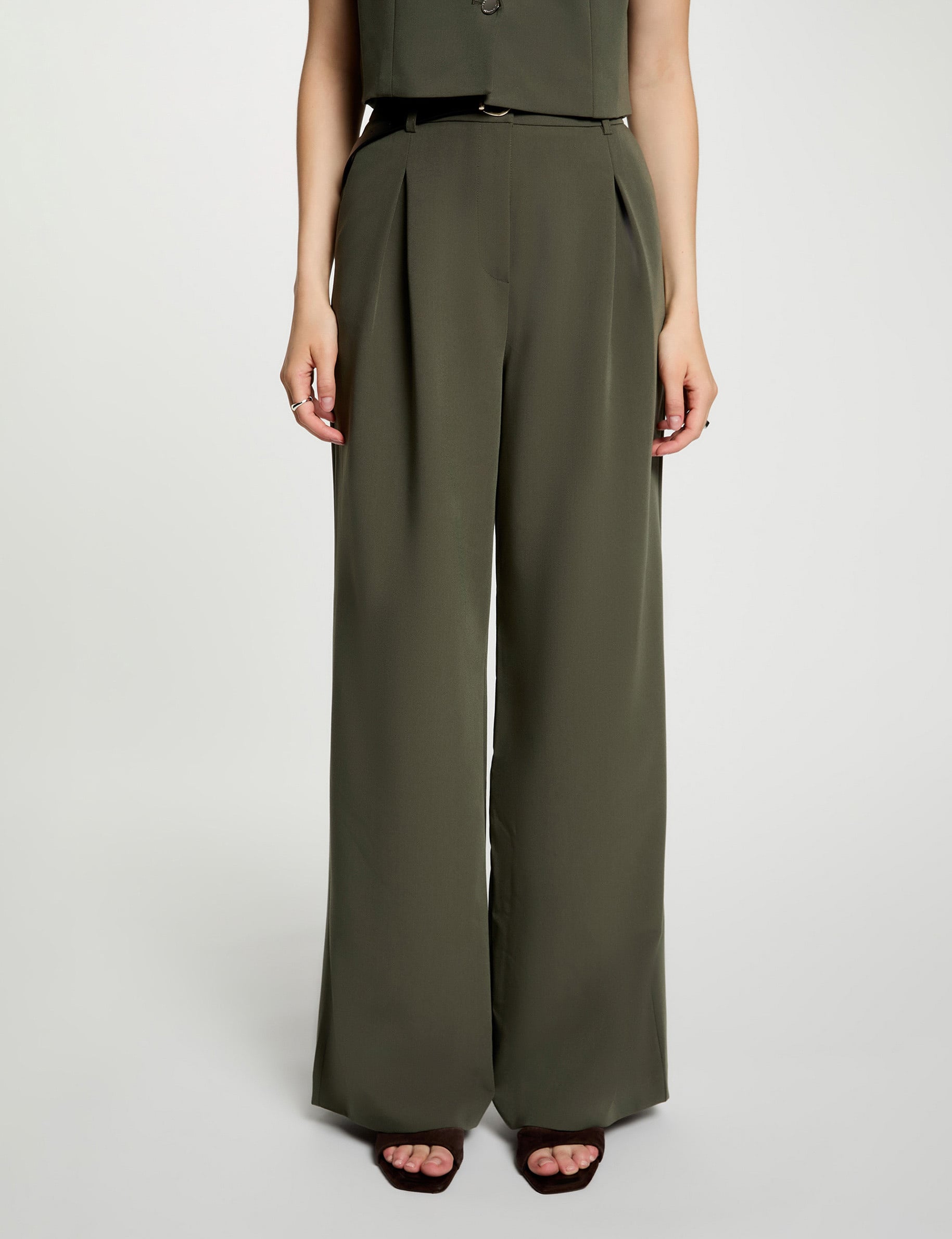 Pantal&oacute;n ancho de tiro alto verde caqui mujer
