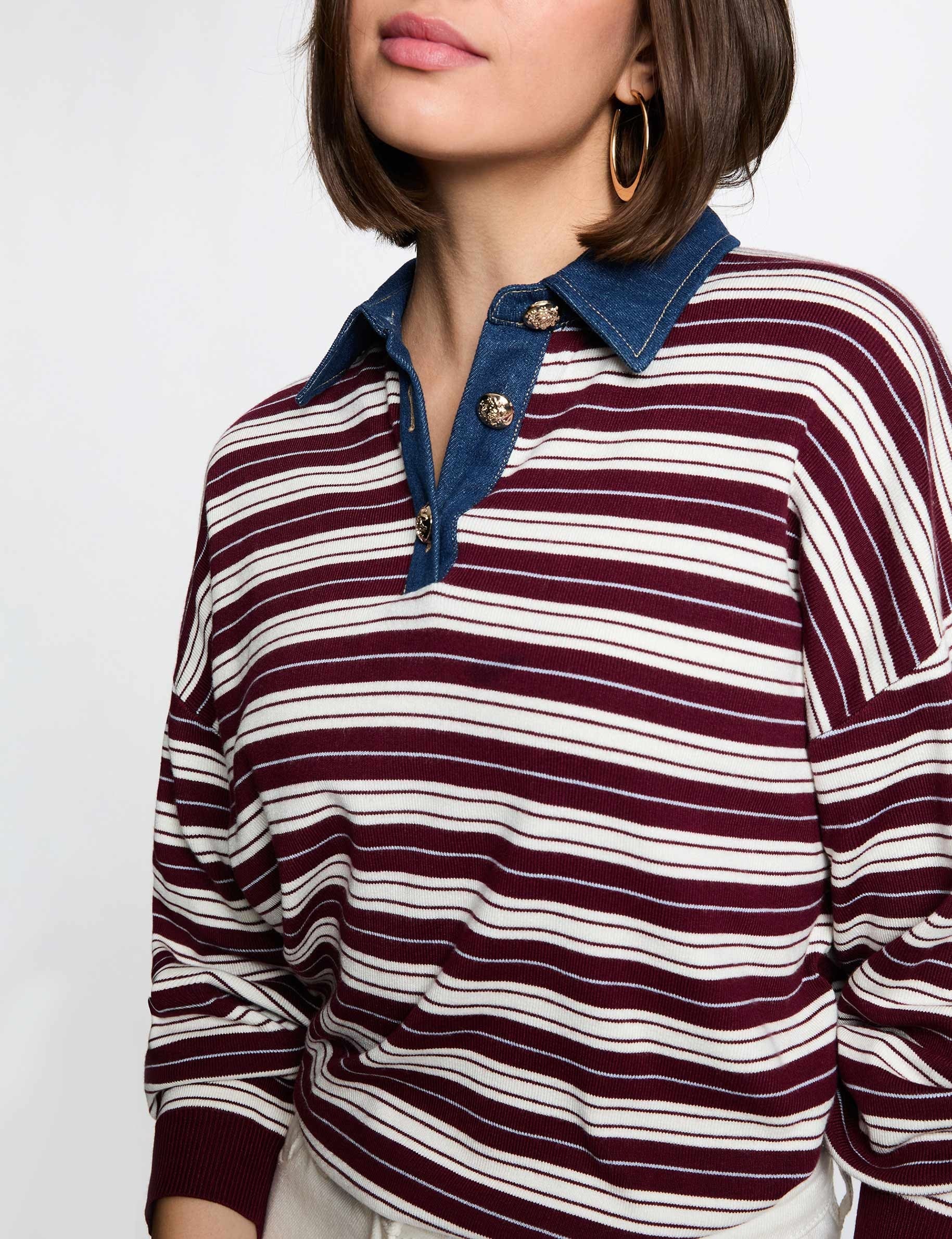 Jersey de rayas con cuello vuelto burdeos mujer