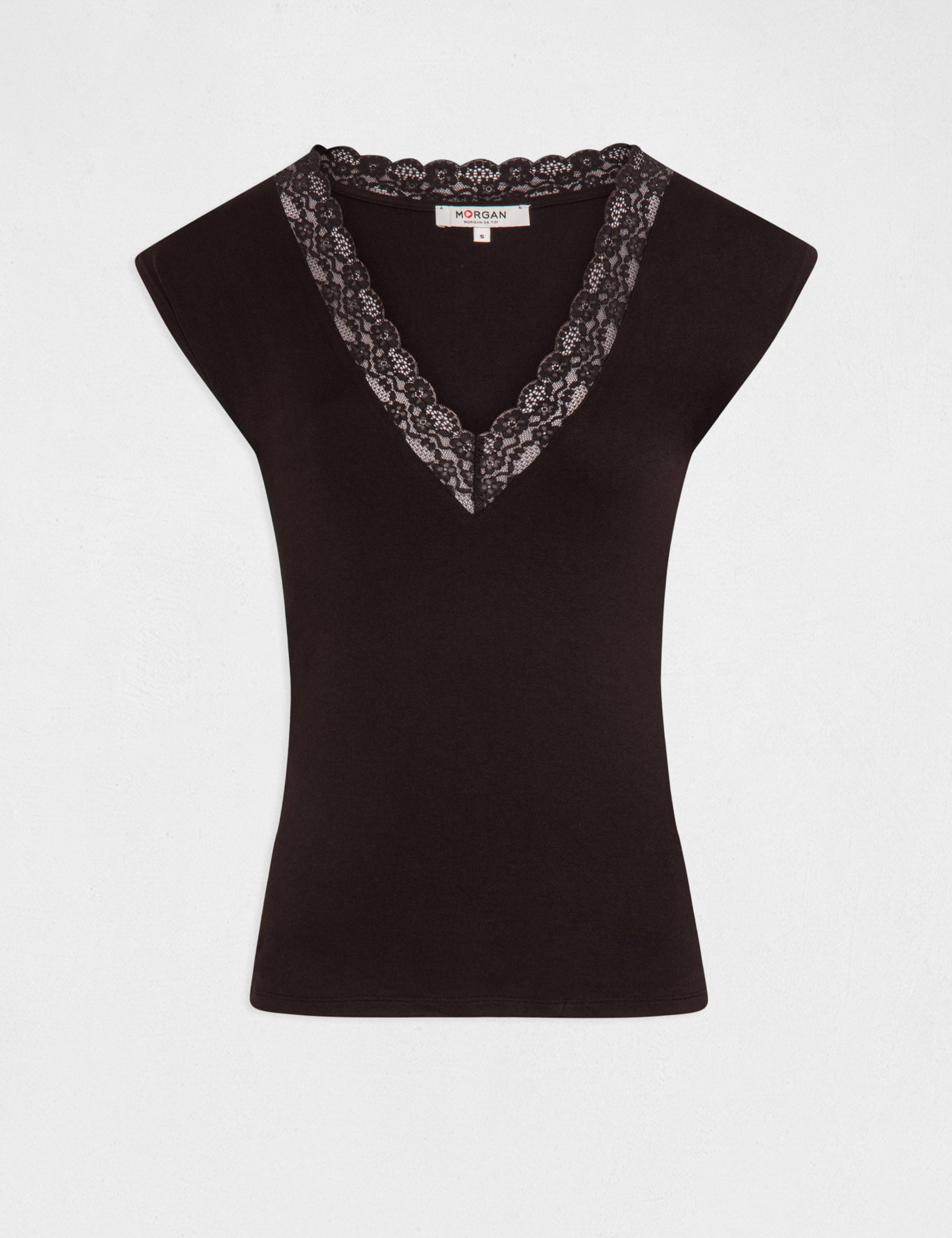 Camiseta manga corta con encaje negro mujer