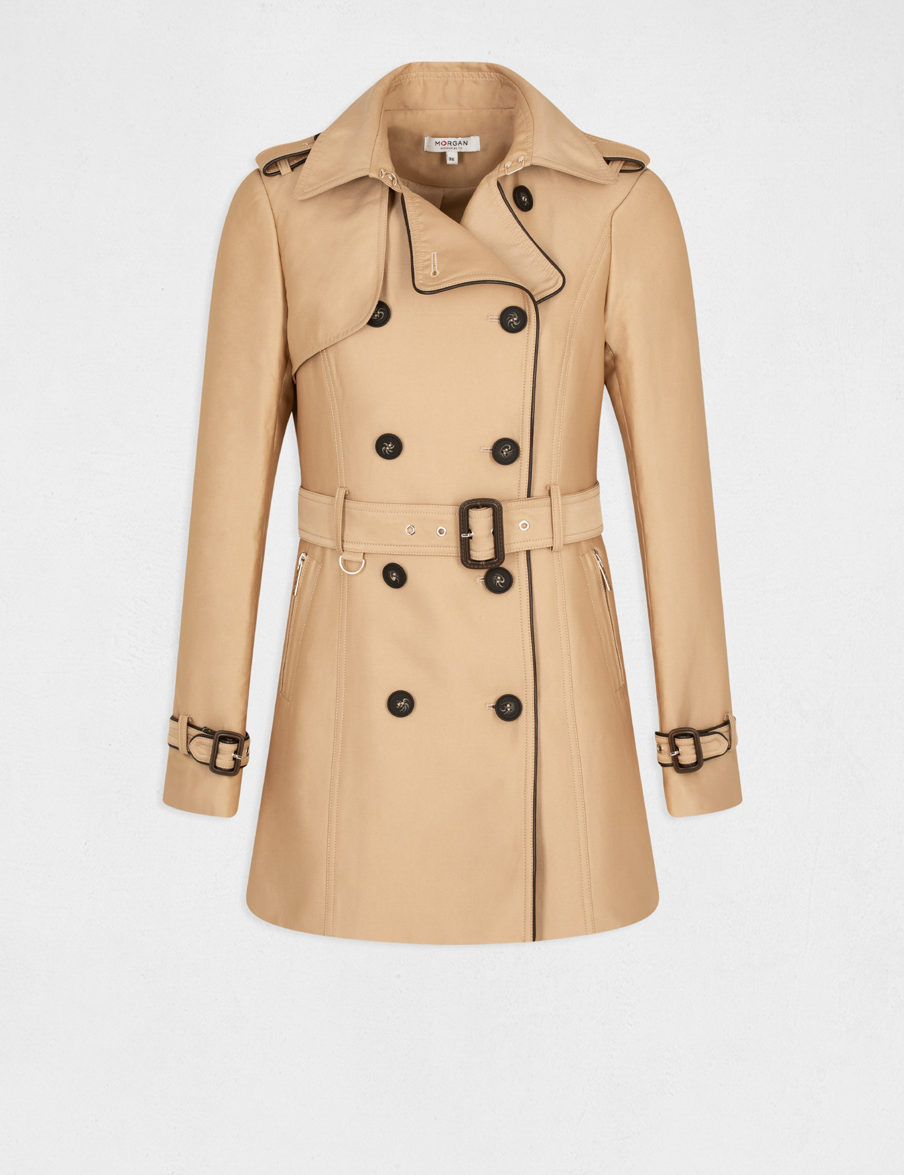 Gabardina recta abotonada con cintur&oacute;n beige mujer