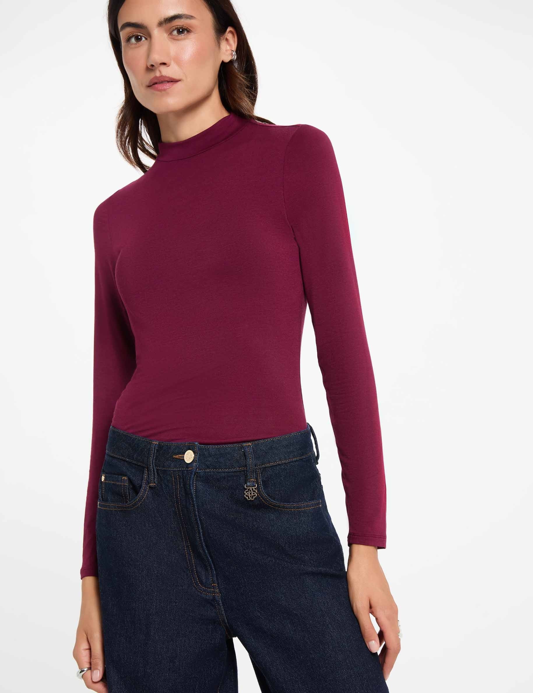 Camiseta cuello alto manga larga ciruela mujer