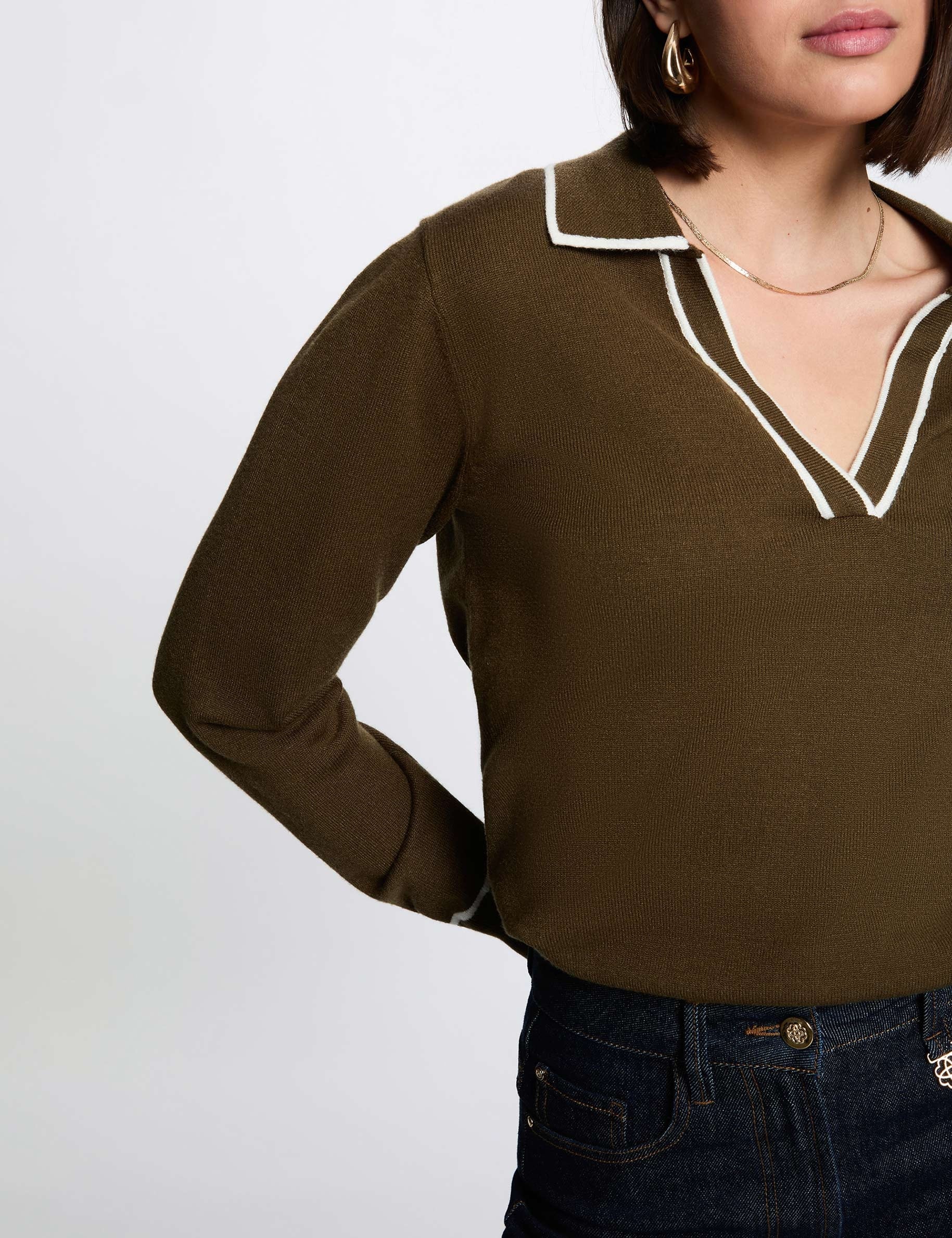 Jersey cuello polo verde caqui mujer