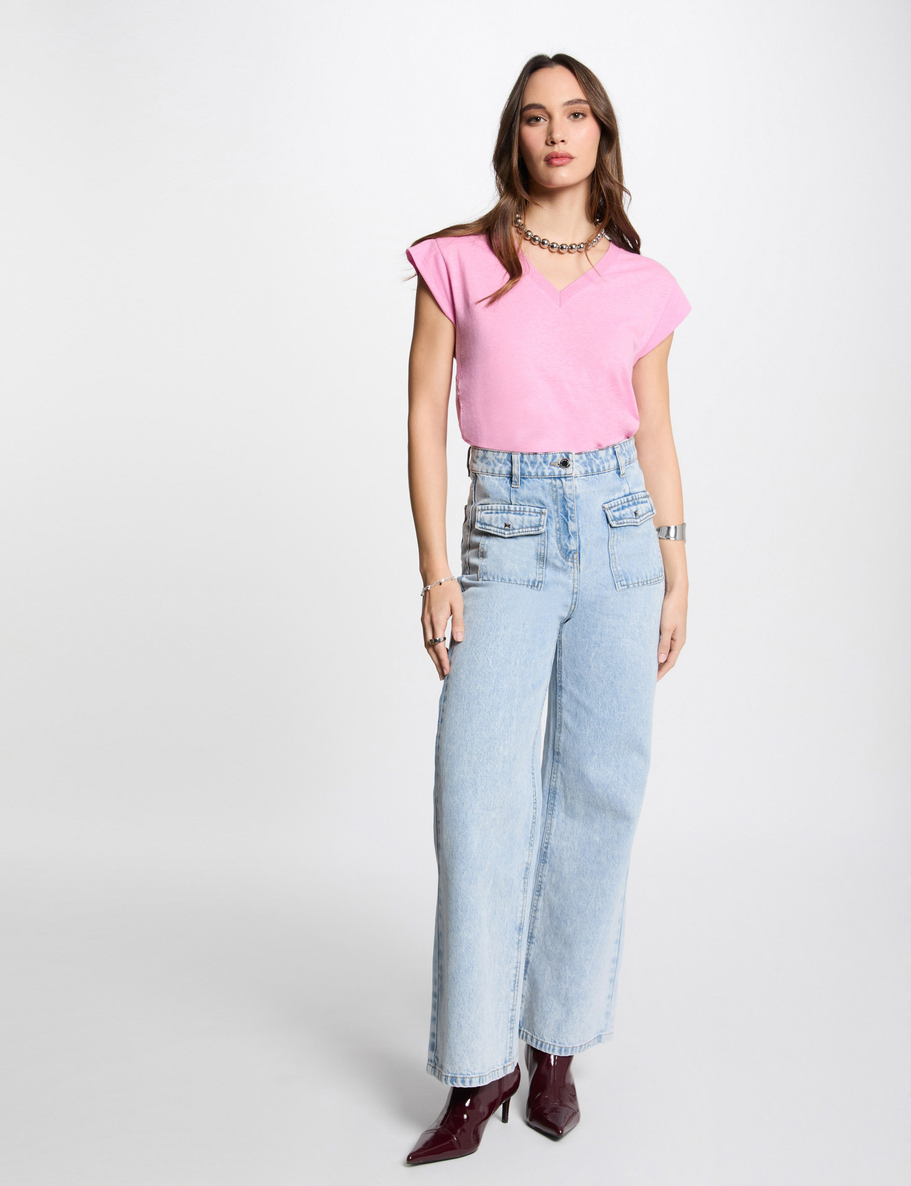 camiseta manga corta con escote en v rosa mujer Camiseta manga corta con escote en V rosa mujer