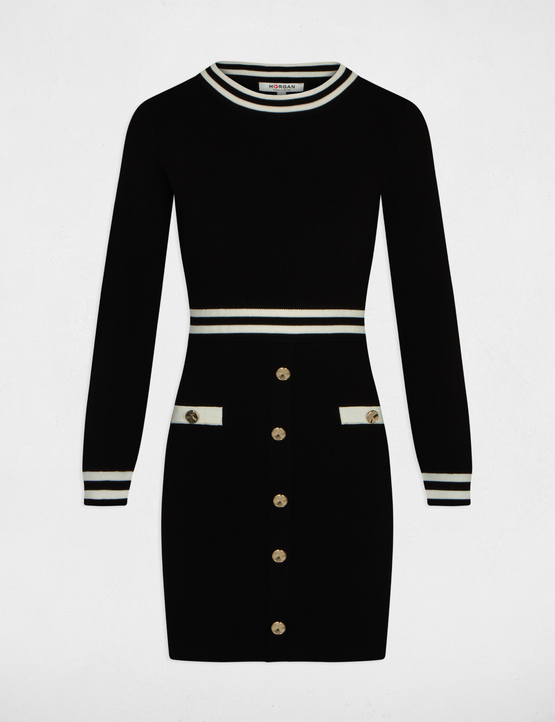 Vestido de punto ajustado con botones negro mujer