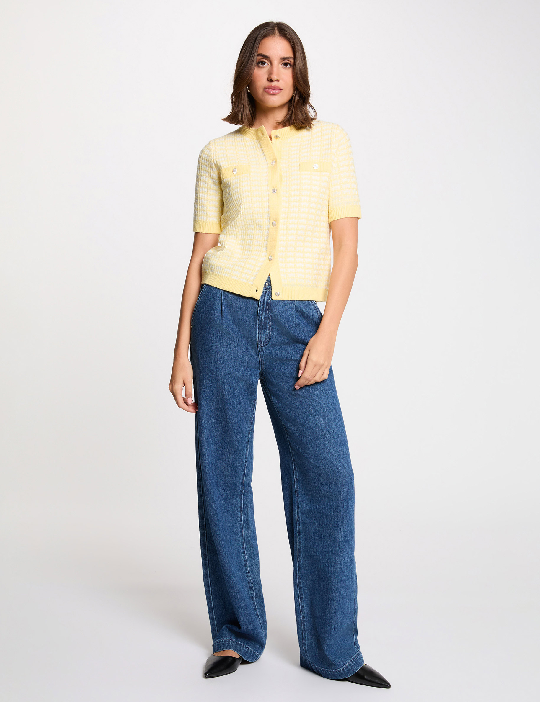 C&aacute;rdigan manga corta estampado amarillo claro mujer