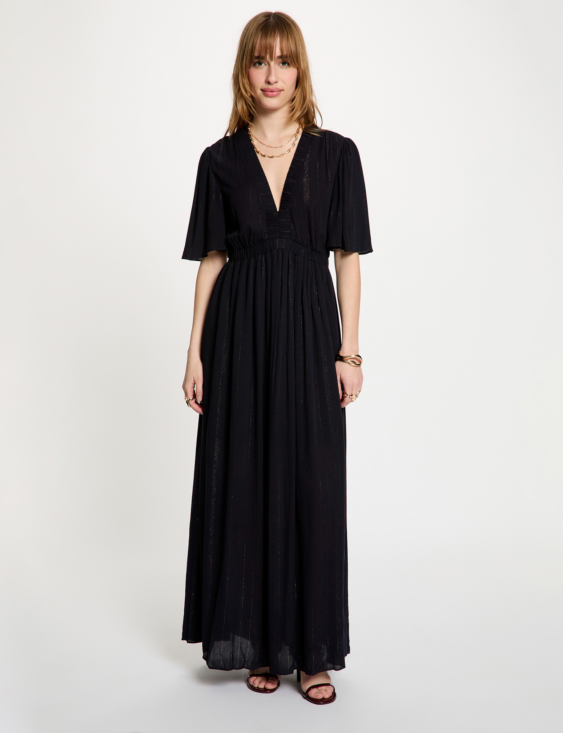 Vestido largo con cuello en V azul marino mujer