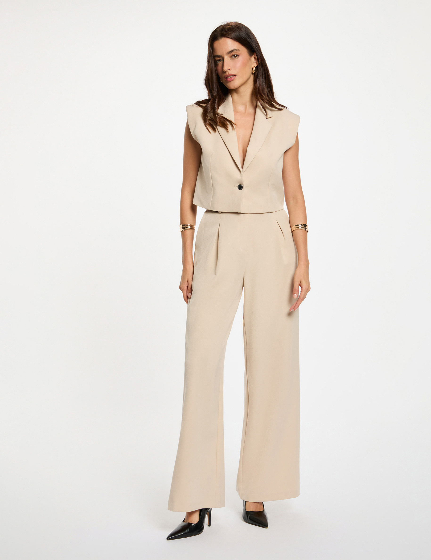 Pantal&oacute;n ancho de tiro alto beige mujer