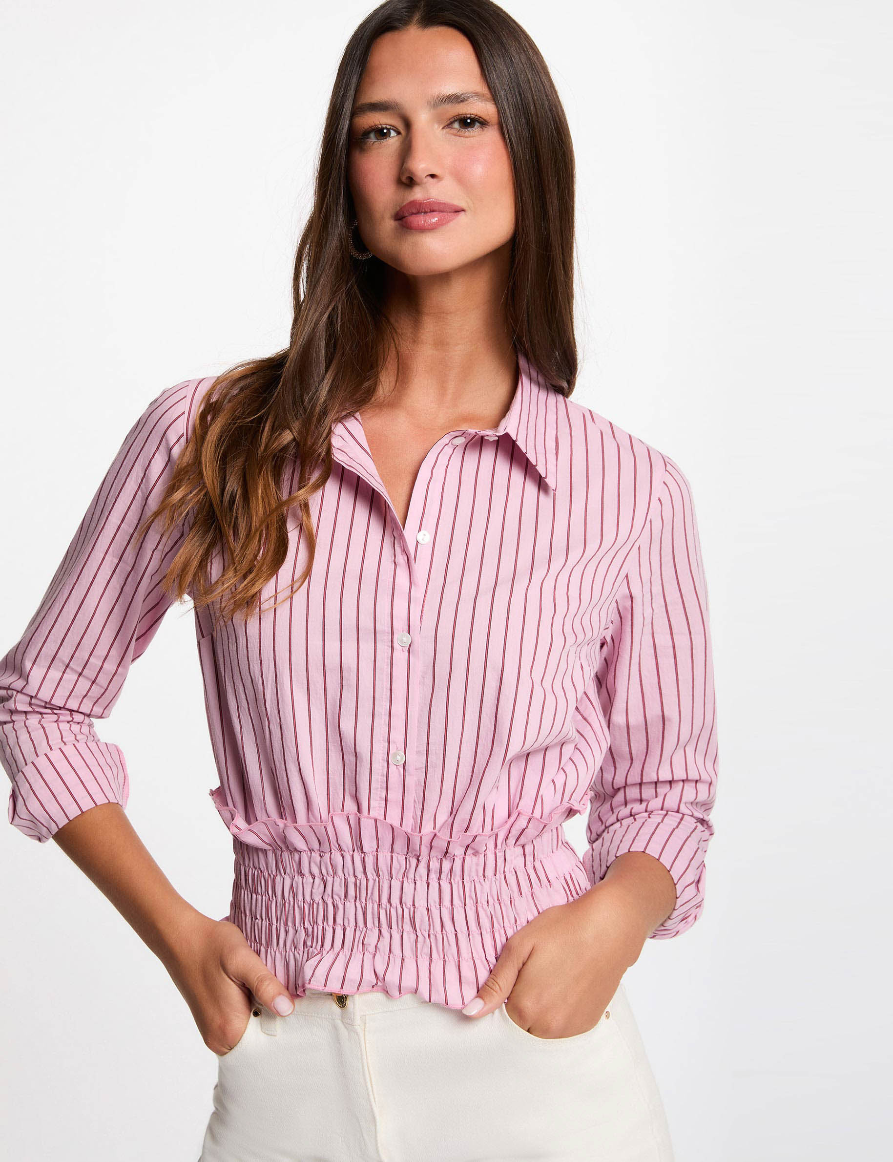 Camisa de rayas con cuello vuelto rosa mujer
