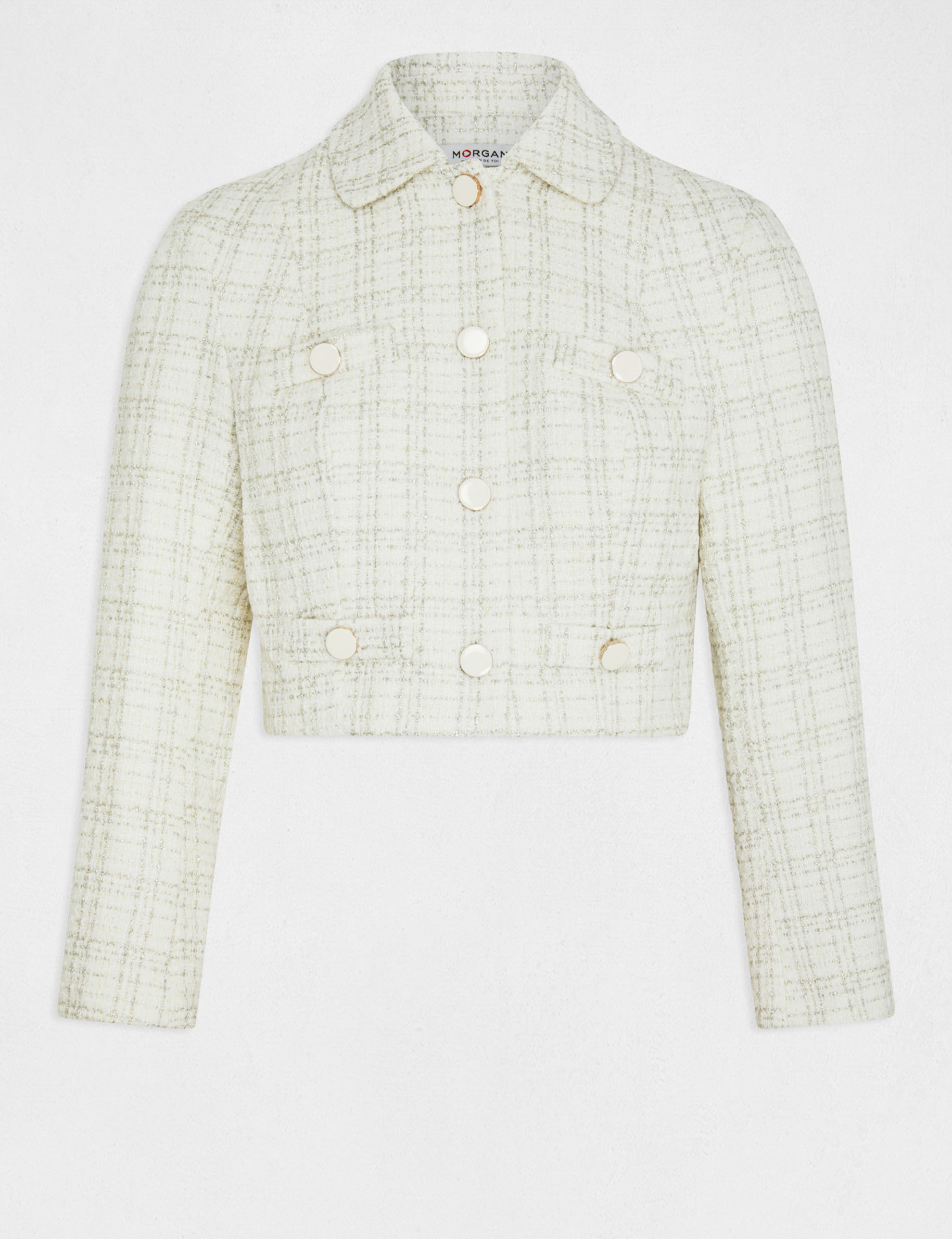 chaqueta recta con hilos metalizados crudo mujer Chaqueta recta con hilos metalizados crudo mujer