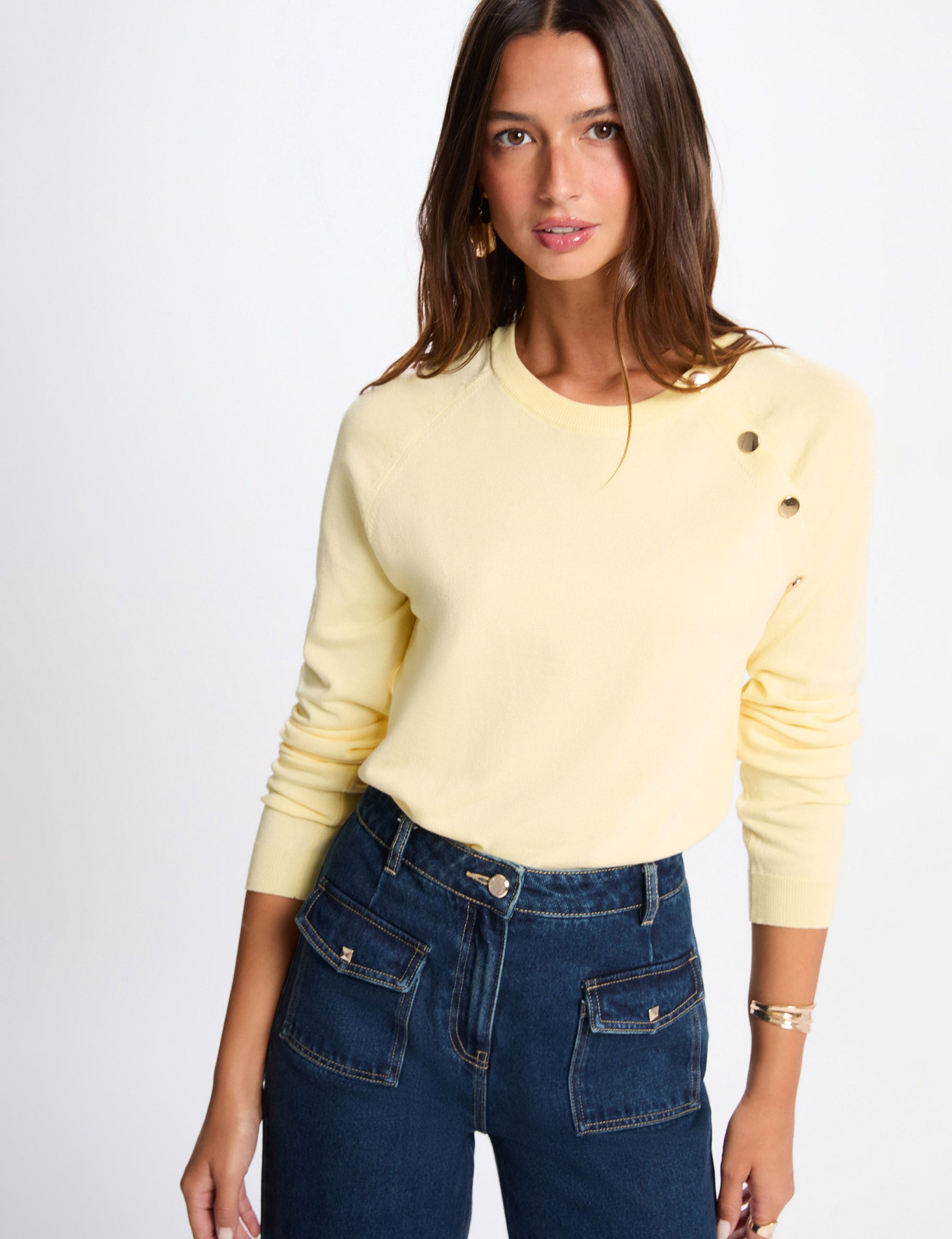 Jersey fino ajustado amarillo claro mujer