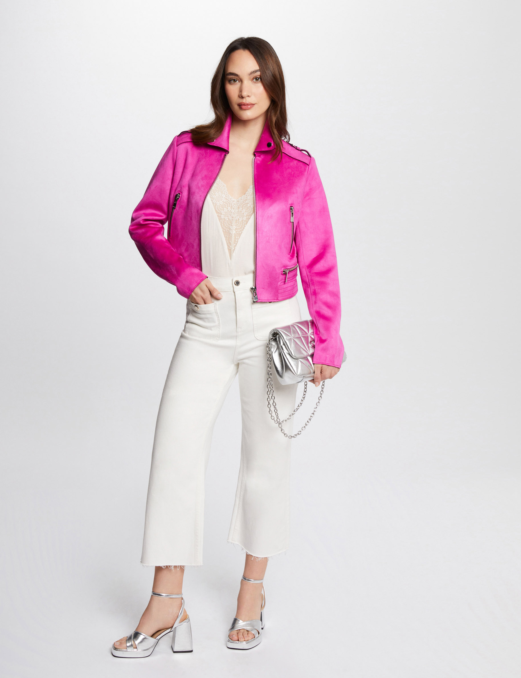 Chaqueta recta efecto de antelina rosa oscuro mujer Morgan