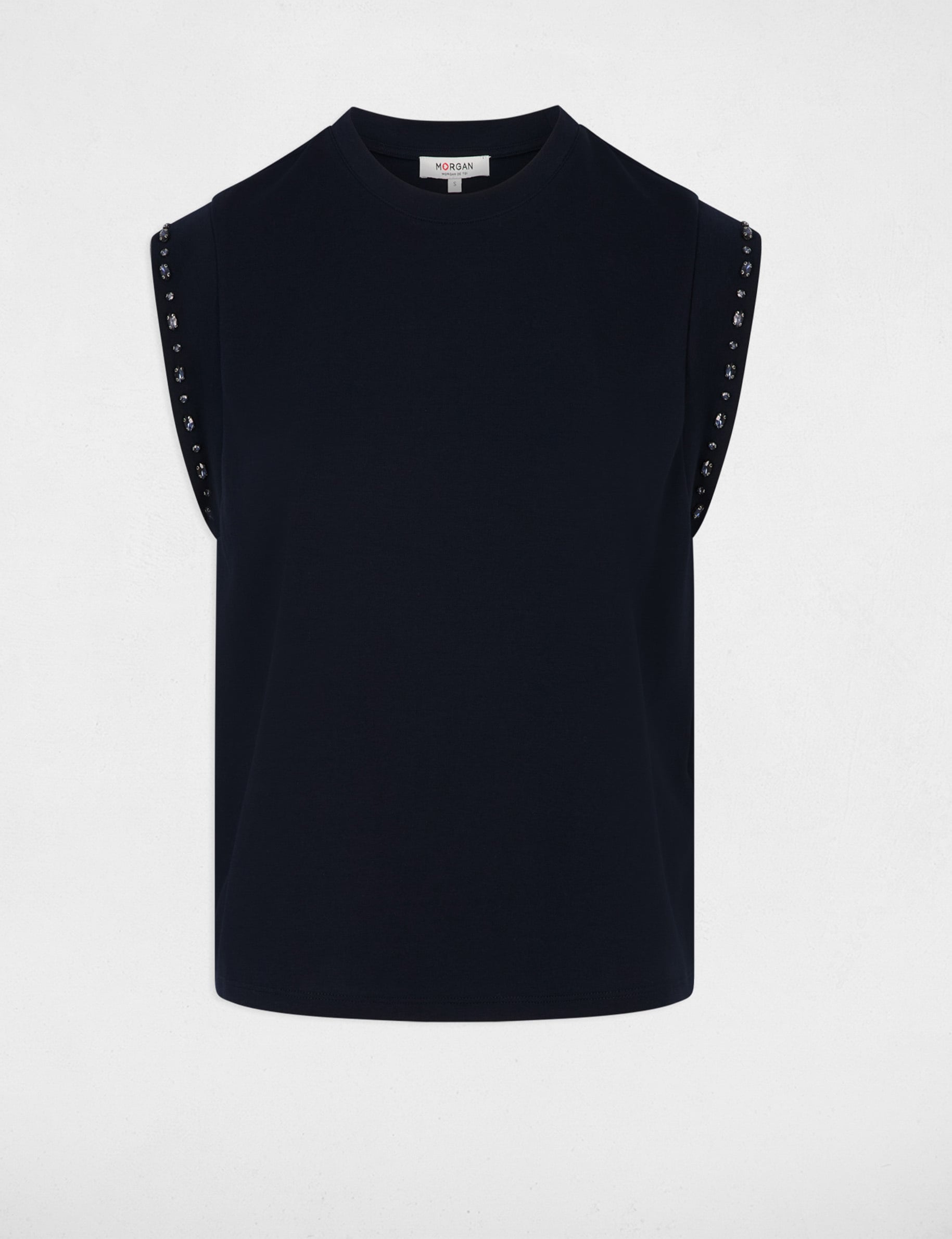 Camiseta cuello redondo con strass azul marino mujer