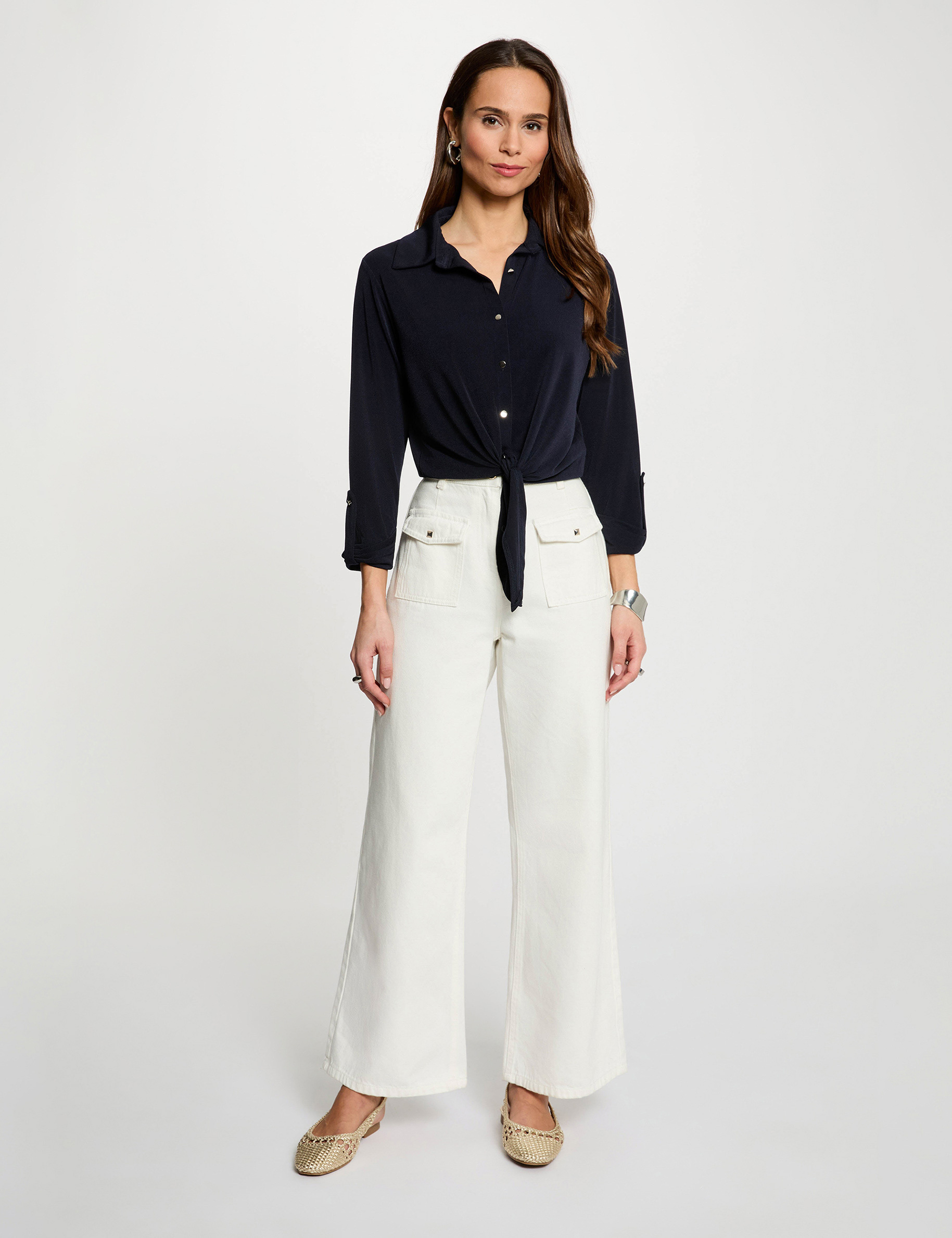 Camisa con cuello abierto azul marino mujer