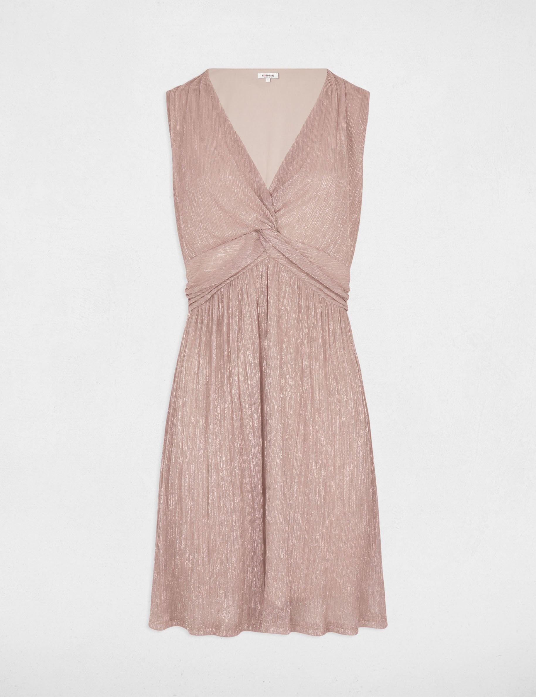 Vestido plisado con cuello en V marr&oacute;n oscuro mujer