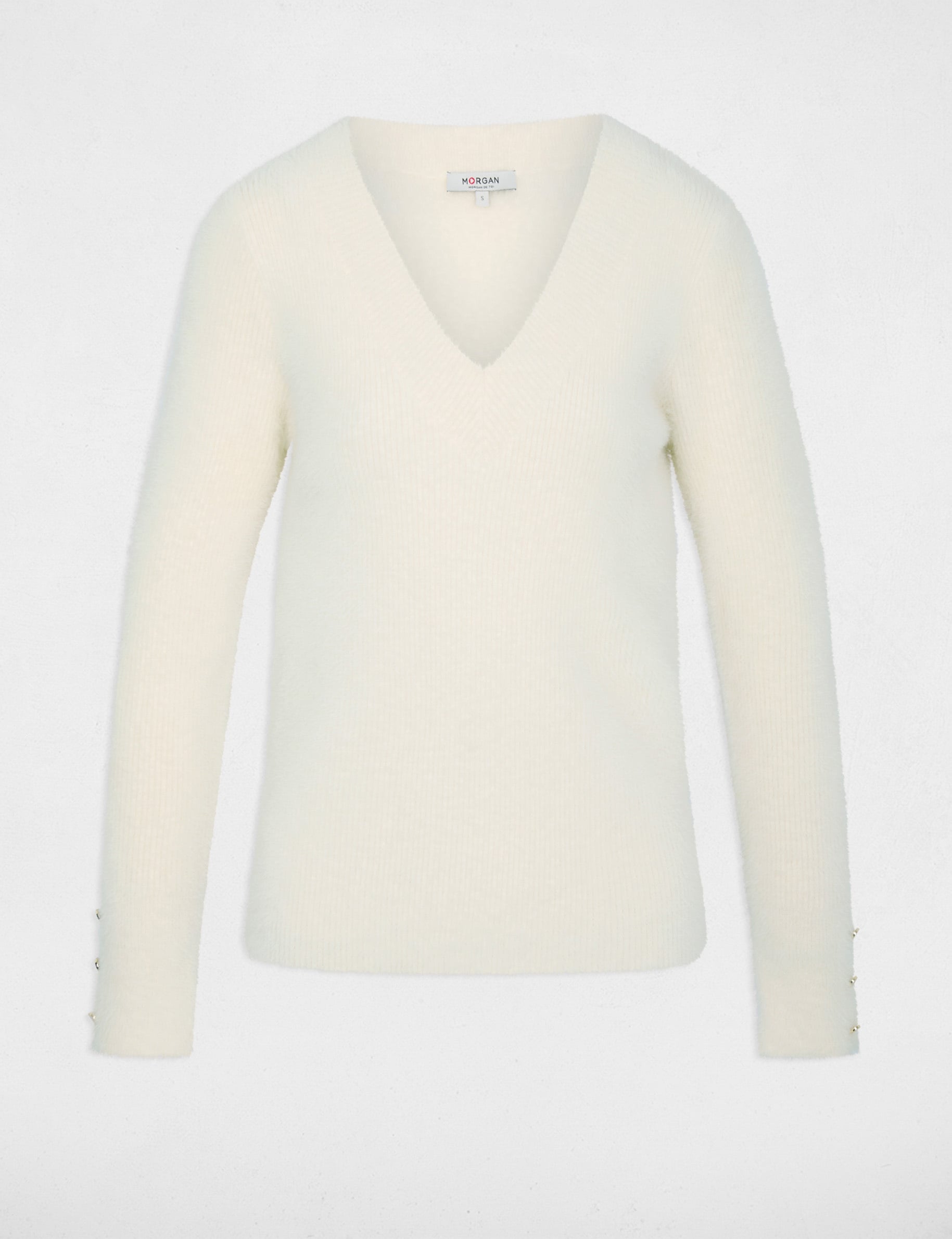 Jersey cuello v mangas largas marfil mujer