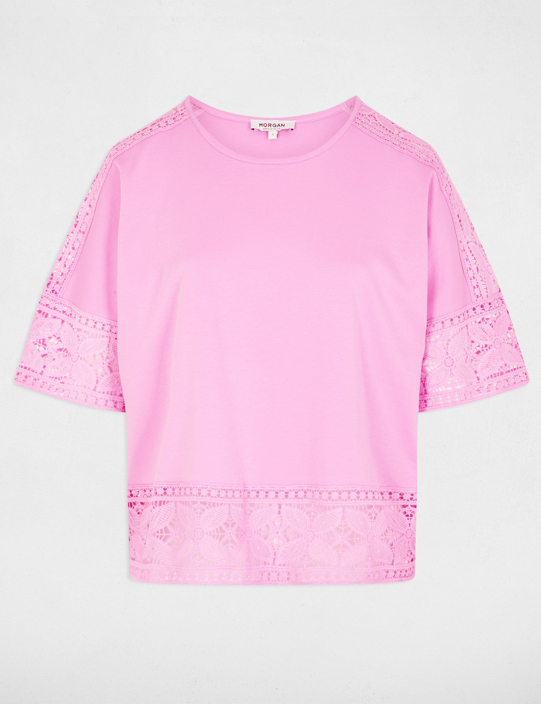 Camiseta de encaje cuello redondo rosa mujer