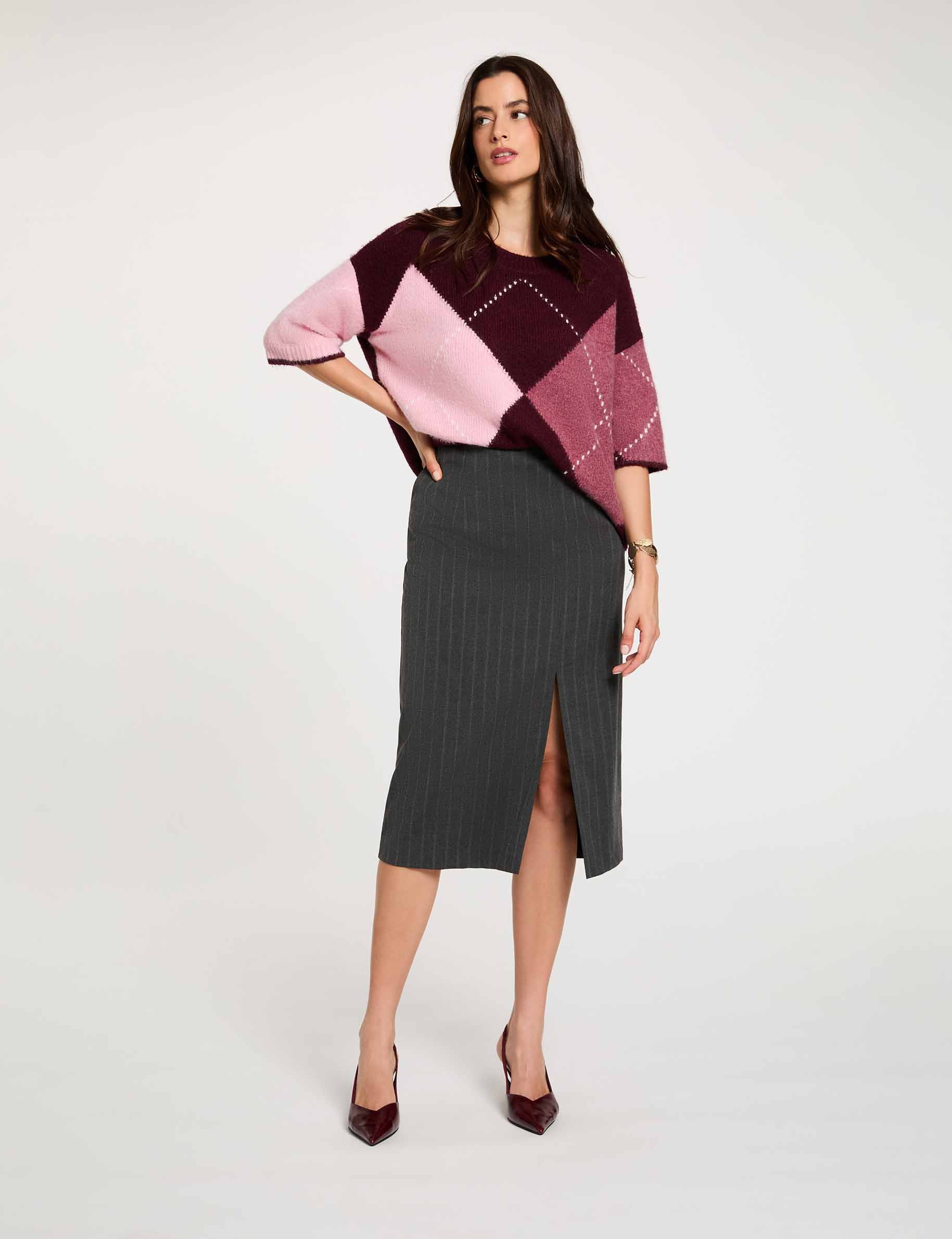 Jersey jacquard cuello redondo ciruela mujer