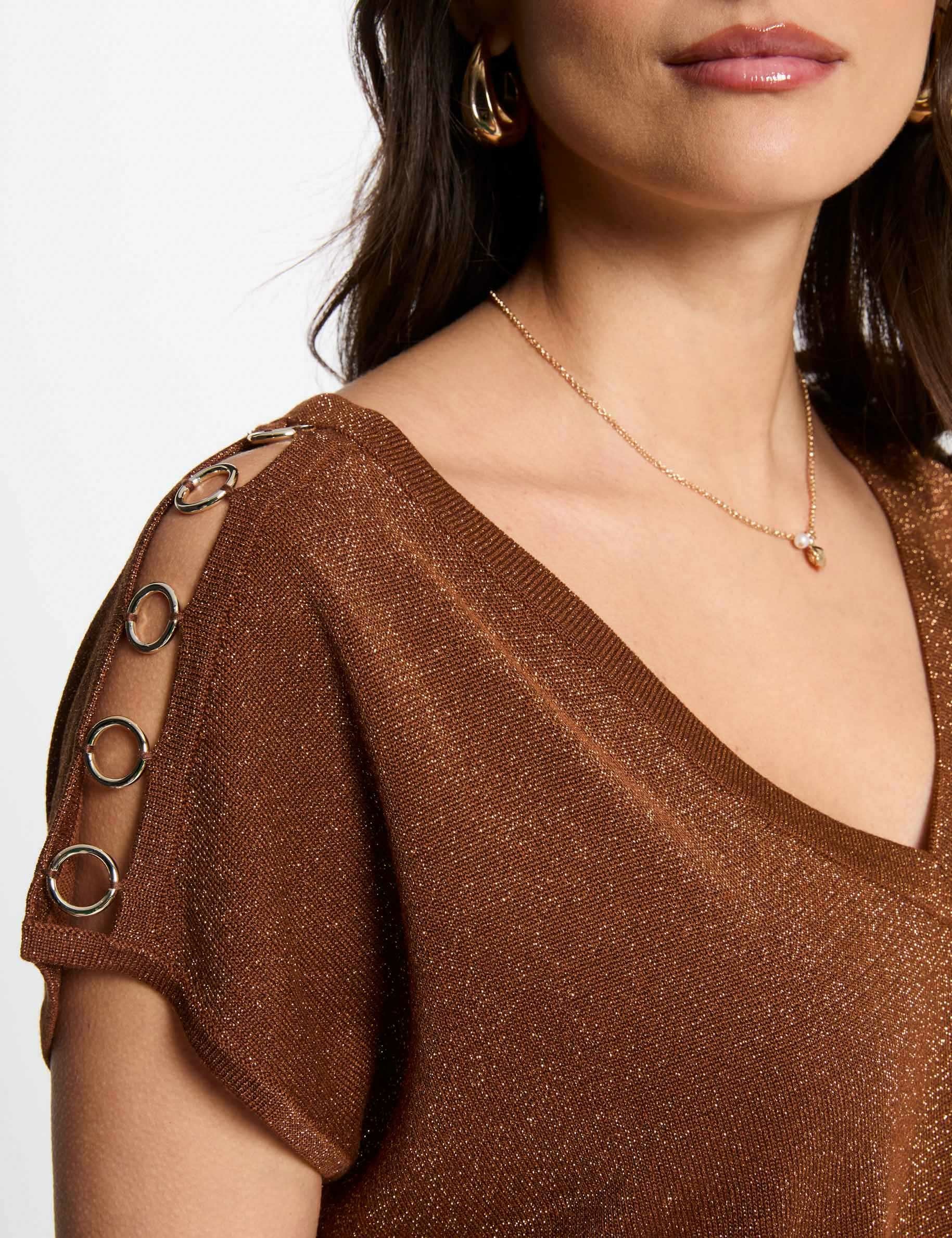 jersey escote en v manga corta marron conac mujer Jersey escote en V manga corta marrón coñac mujer