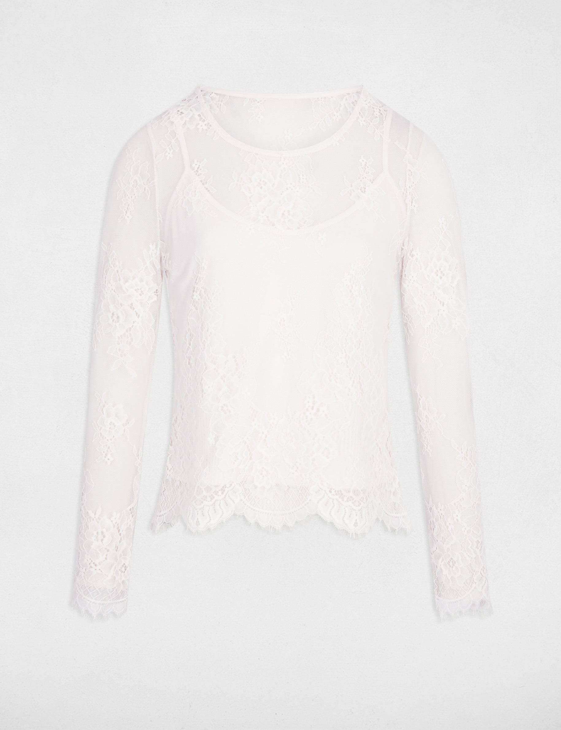 Camiseta de encaje manga larga marfil mujer